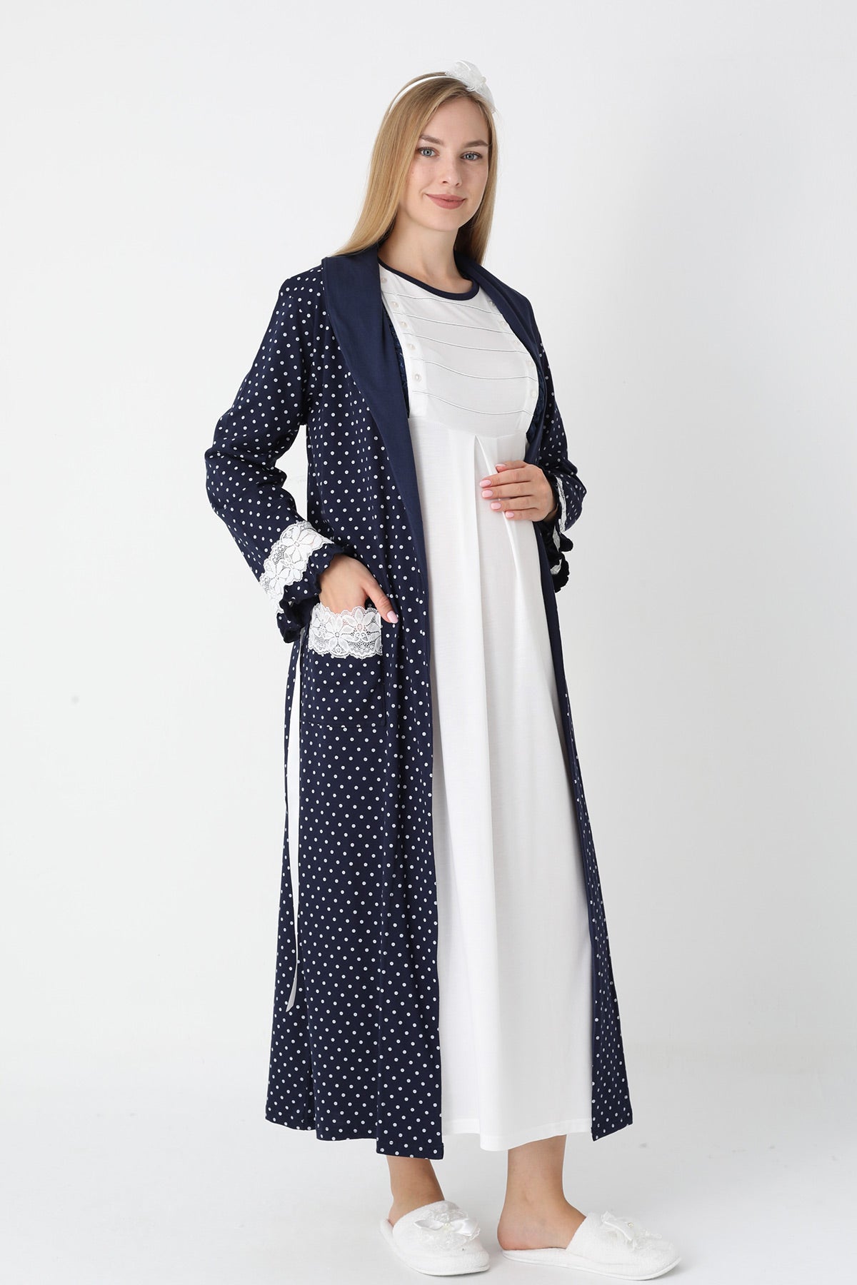 Lacy Edge Maternity Feeding-Friendly Nightgown & Polka Dot Robe Set Navy Blue - Z2308