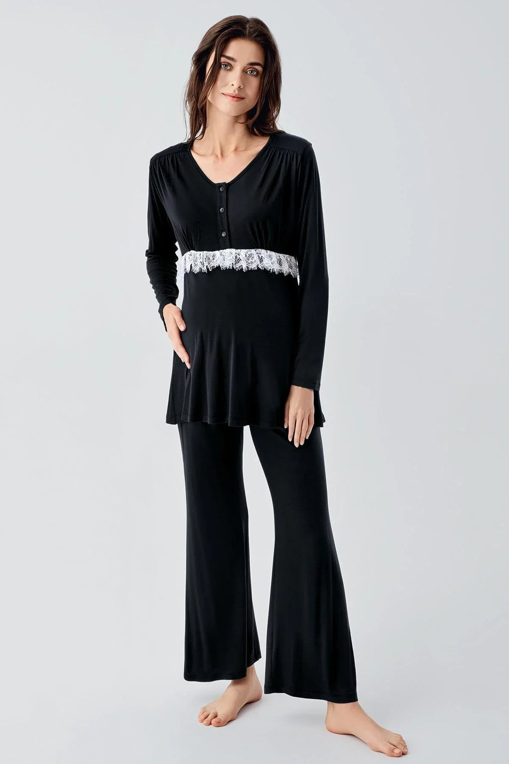 Lacy 3-Piece Maternity Feeding-Friendly Pajama & Patterned Robe Set Black - S23101