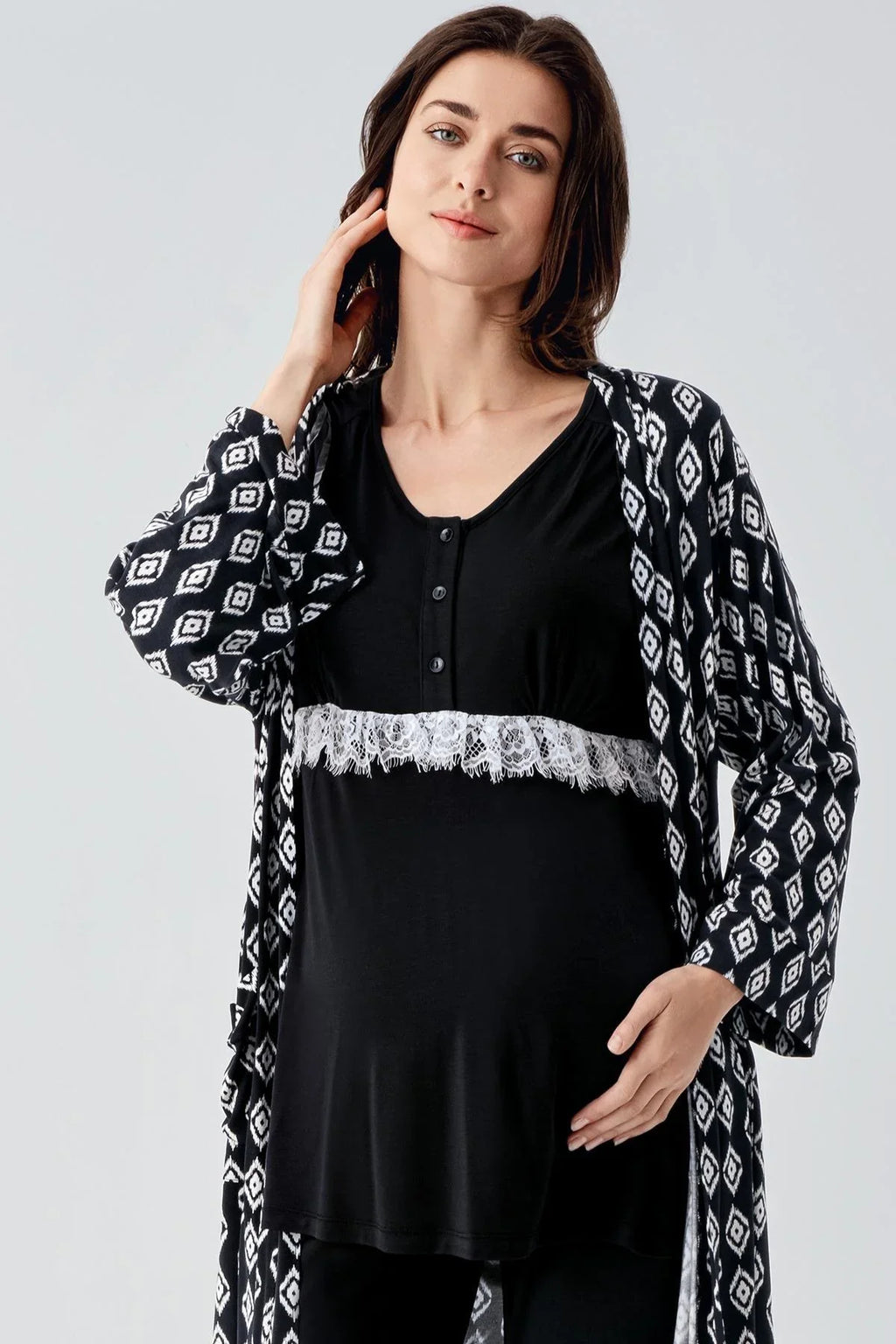 Lacy 3-Piece Maternity Feeding-Friendly Pajama & Patterned Robe Set Black - S23101