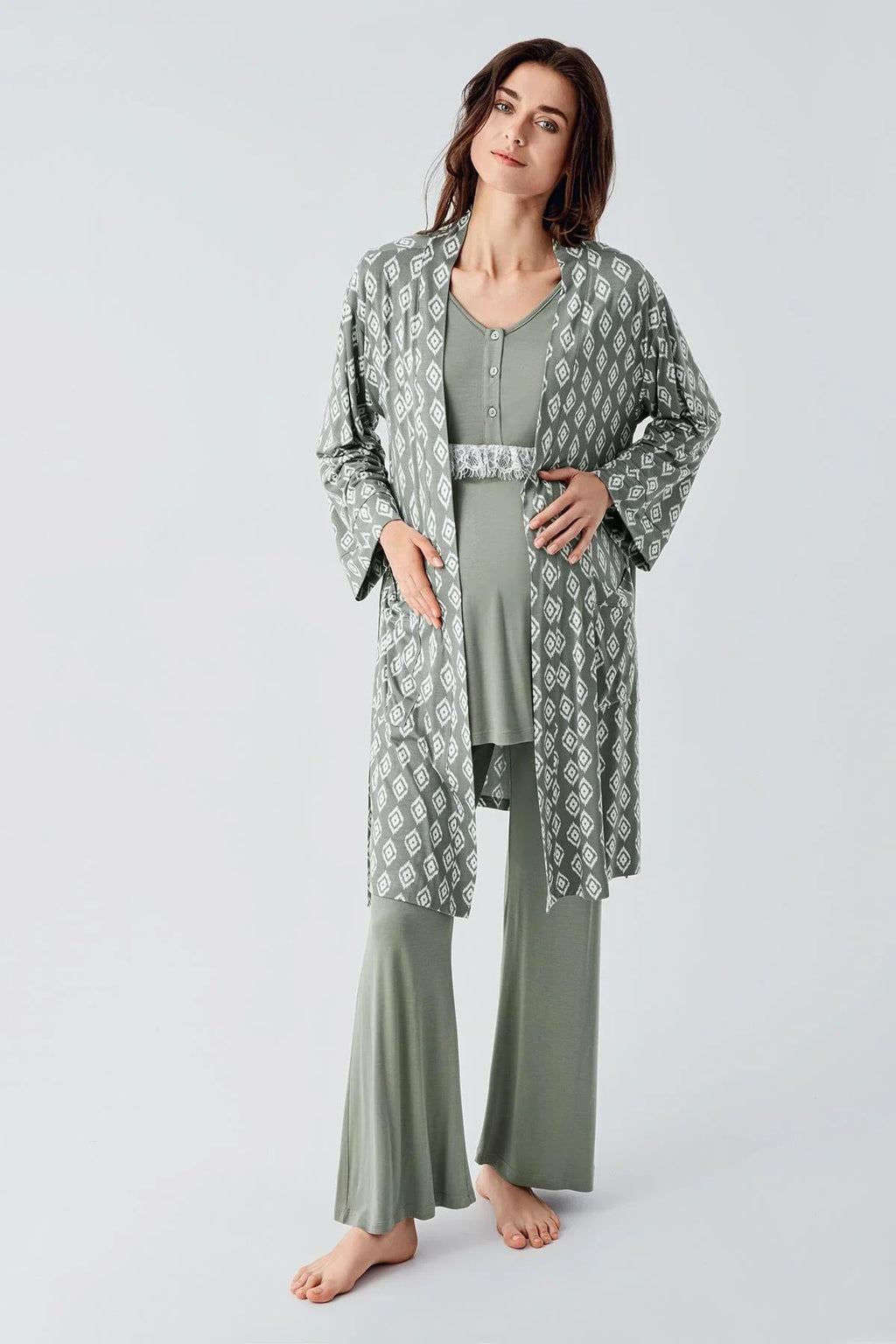 Lacy 3-Piece Maternity Feeding-Friendly Pajama & Patterned Robe Set Green - S23101