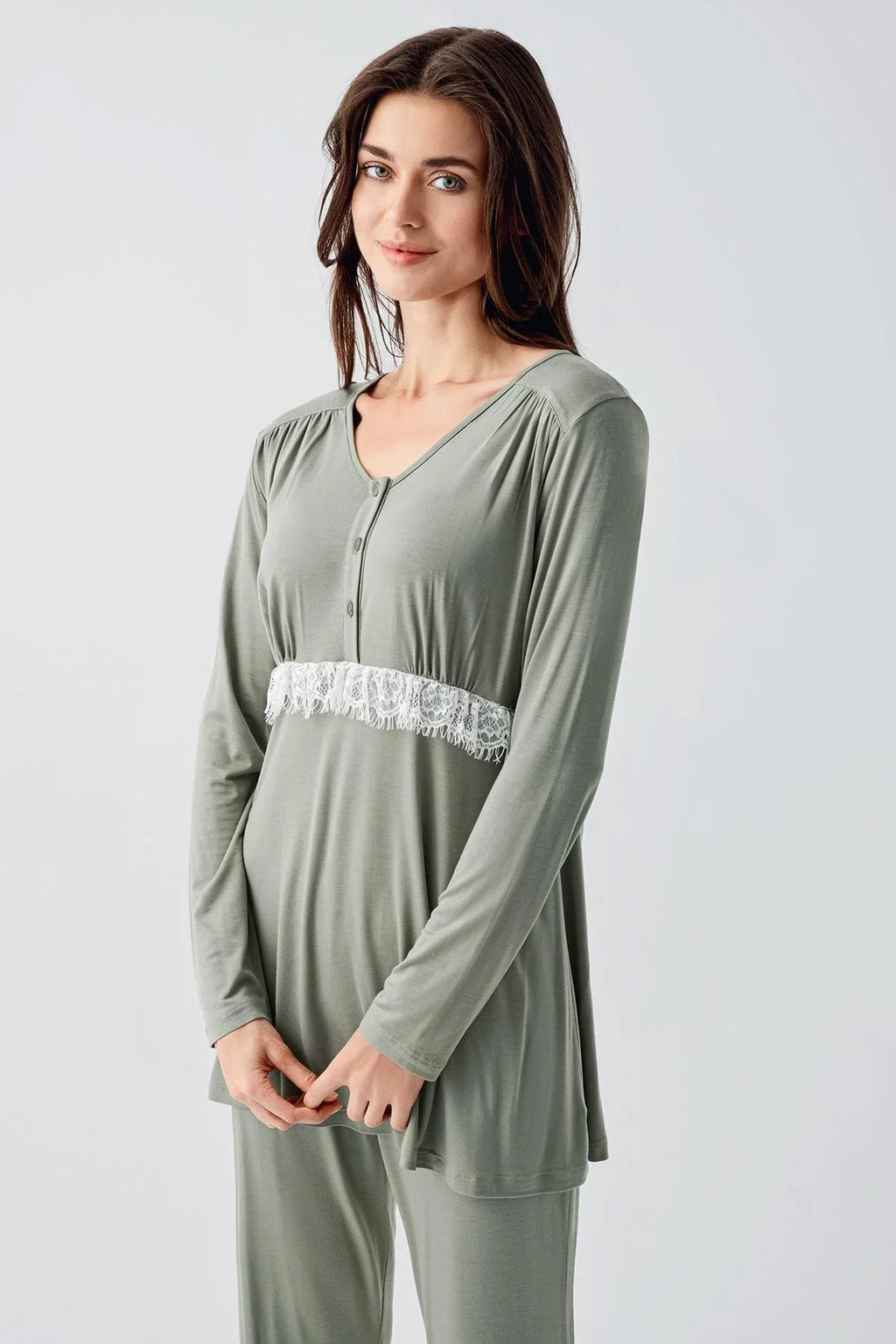 Lacy 3-Piece Maternity Feeding-Friendly Pajama & Patterned Robe Set Green - S23101