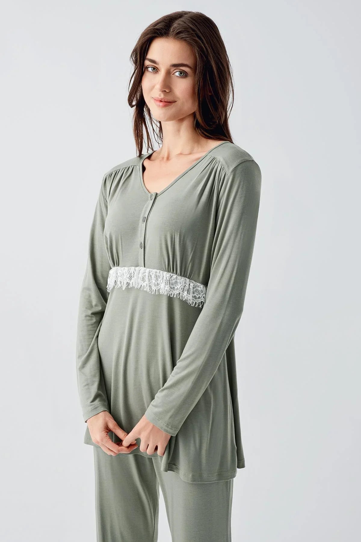 Lacy 3-Piece Maternity Feeding-Friendly Pajama & Patterned Robe Set Green - S23101