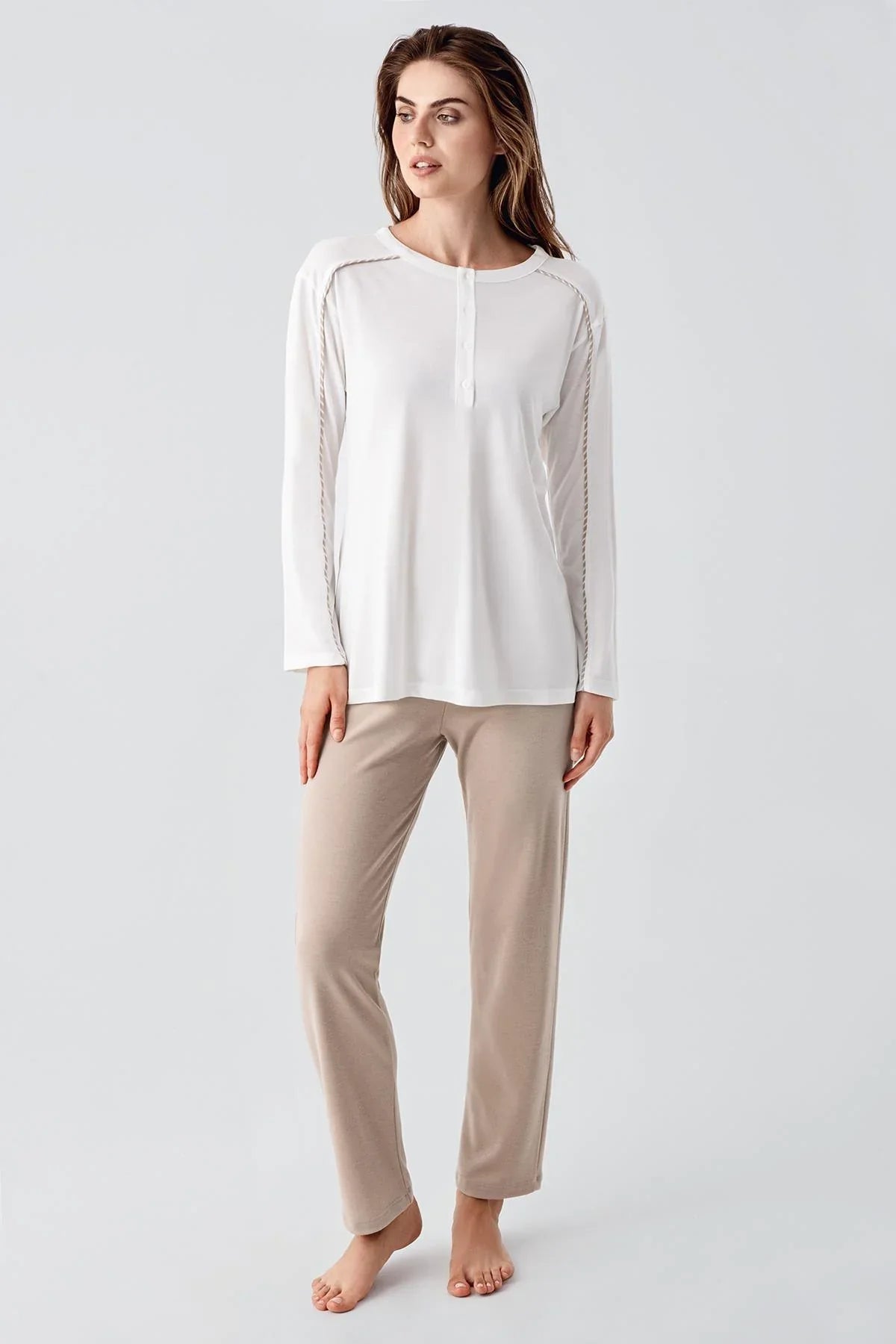 Striped Ruffled 3-Piece Maternity Feeding-Friendly Pajama & Robe Set Beige - S23103