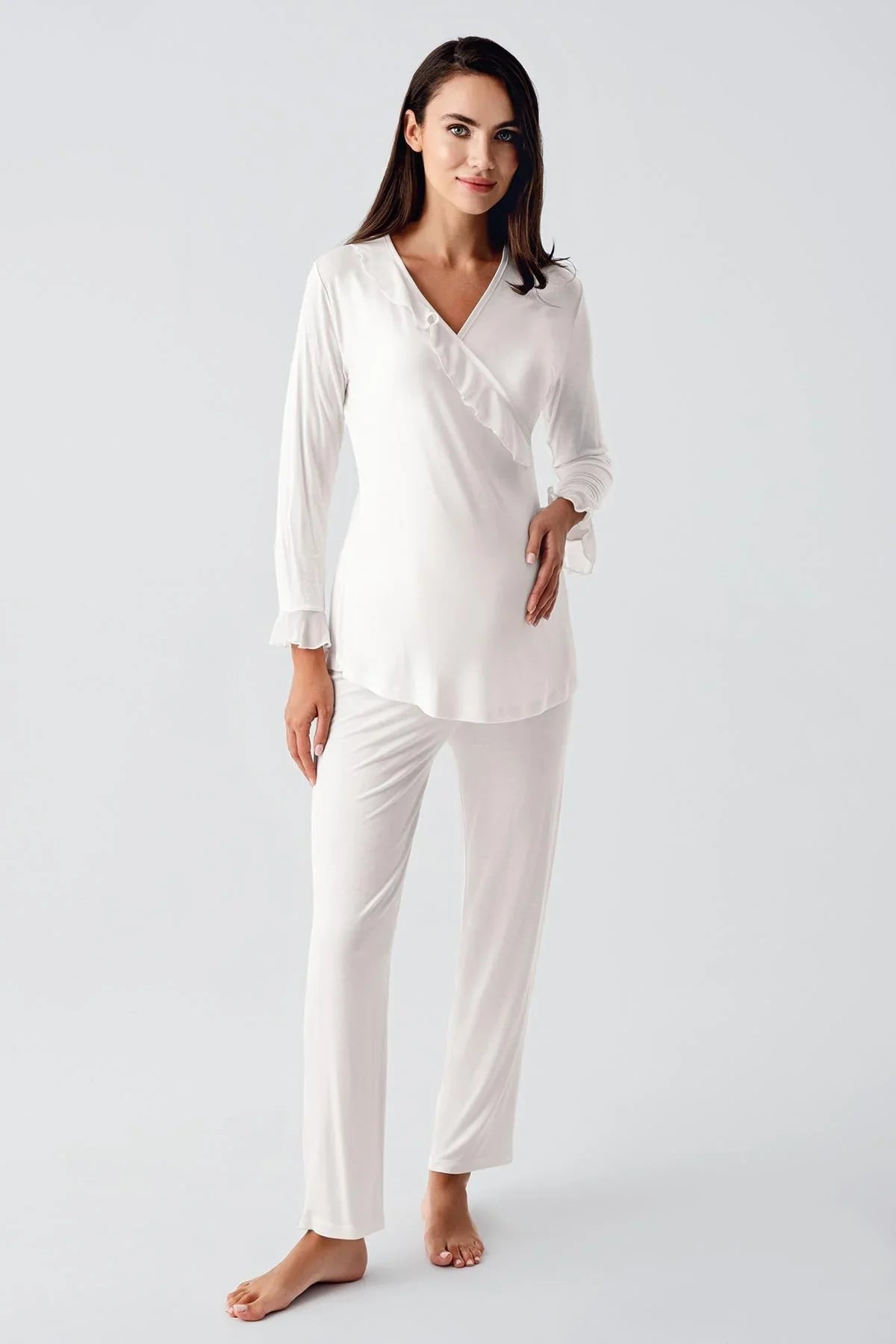 Chiffon Double Breasted 3-Pieces Maternity Feeding-Friendly Pajamas With Flywheel Arm Robe Ecru - S23106