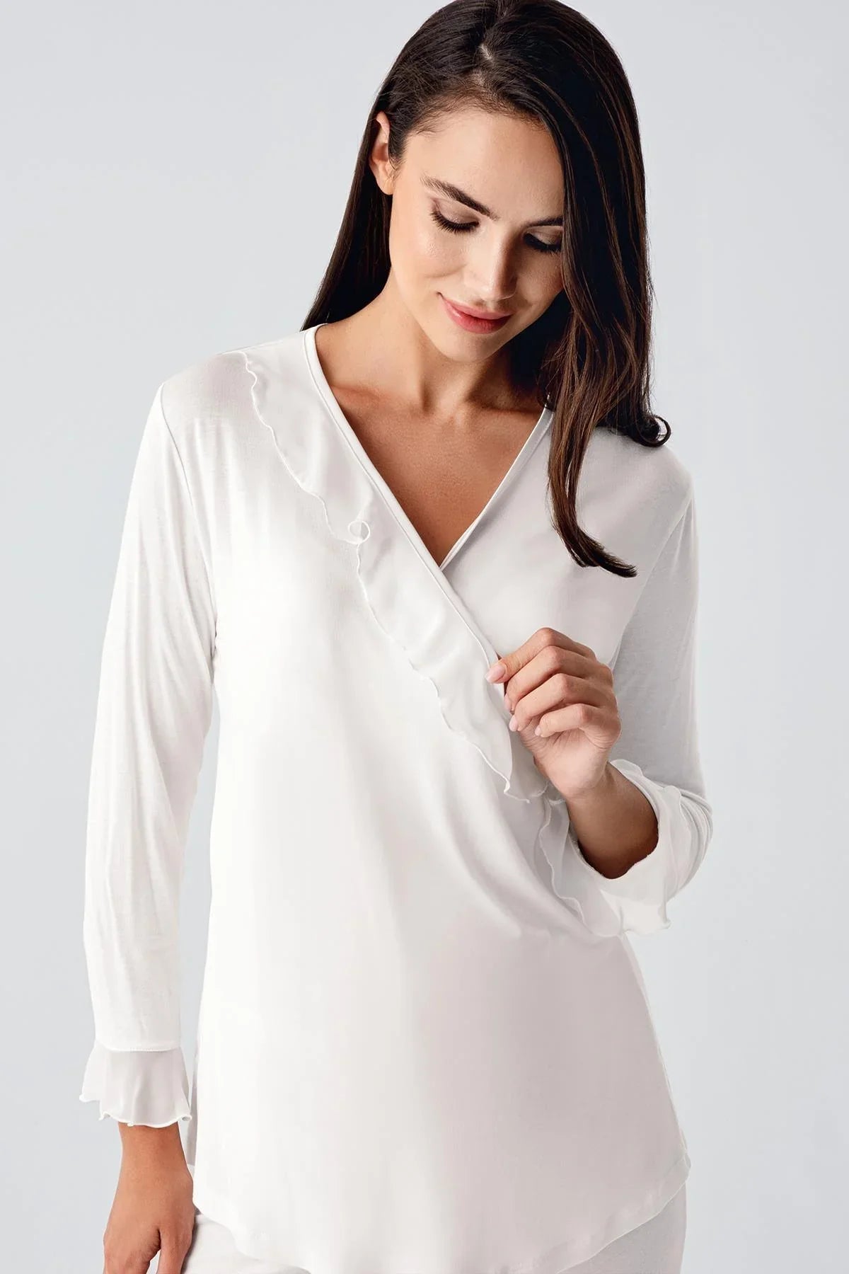 Chiffon Double Breasted 3-Pieces Maternity Feeding-Friendly Pajamas With Flywheel Arm Robe Ecru - S23106