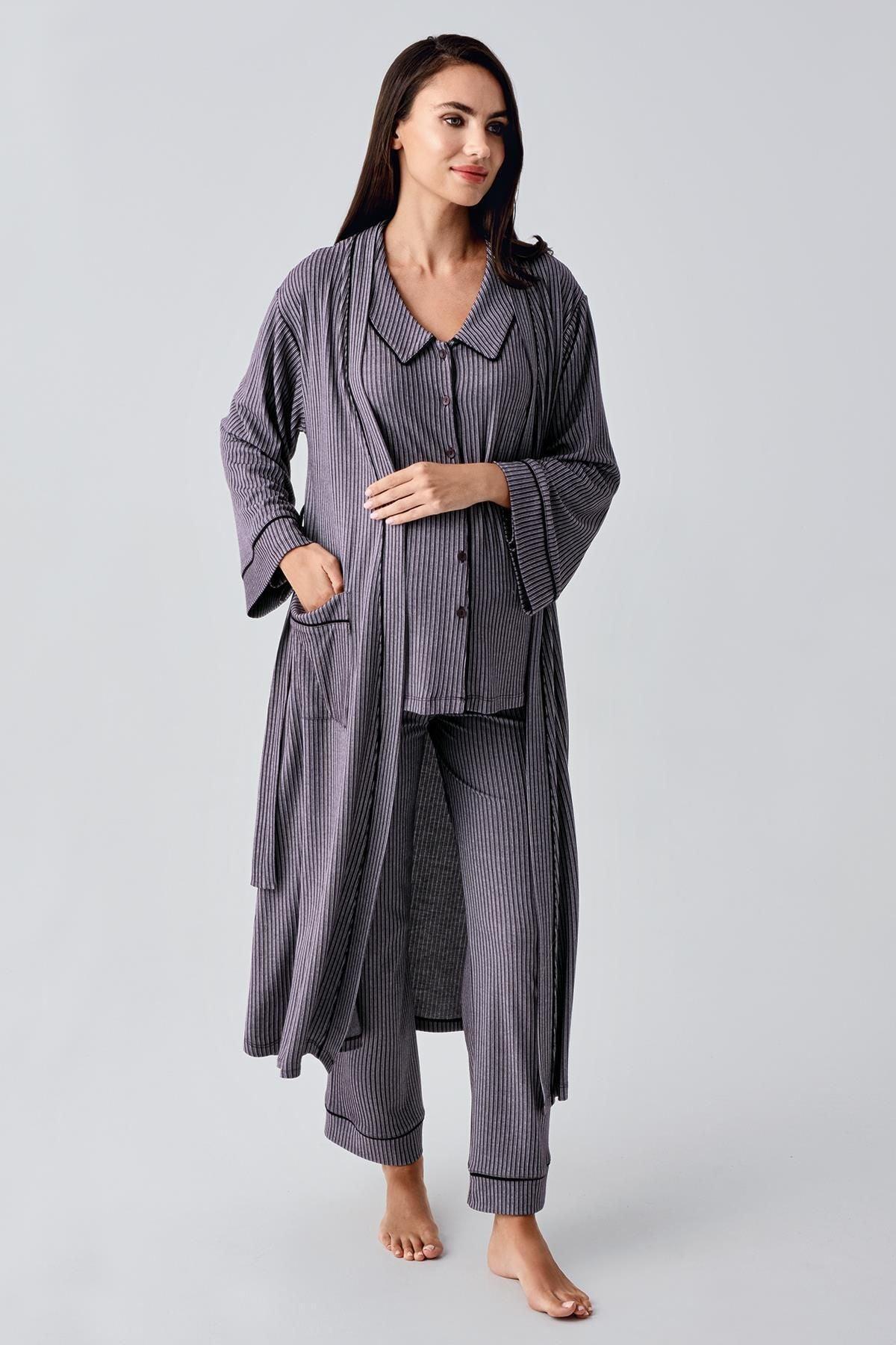 Baby Collar 3-Piece Maternity Feeding-Friendly Pajama & Robe Set Purple - S23111