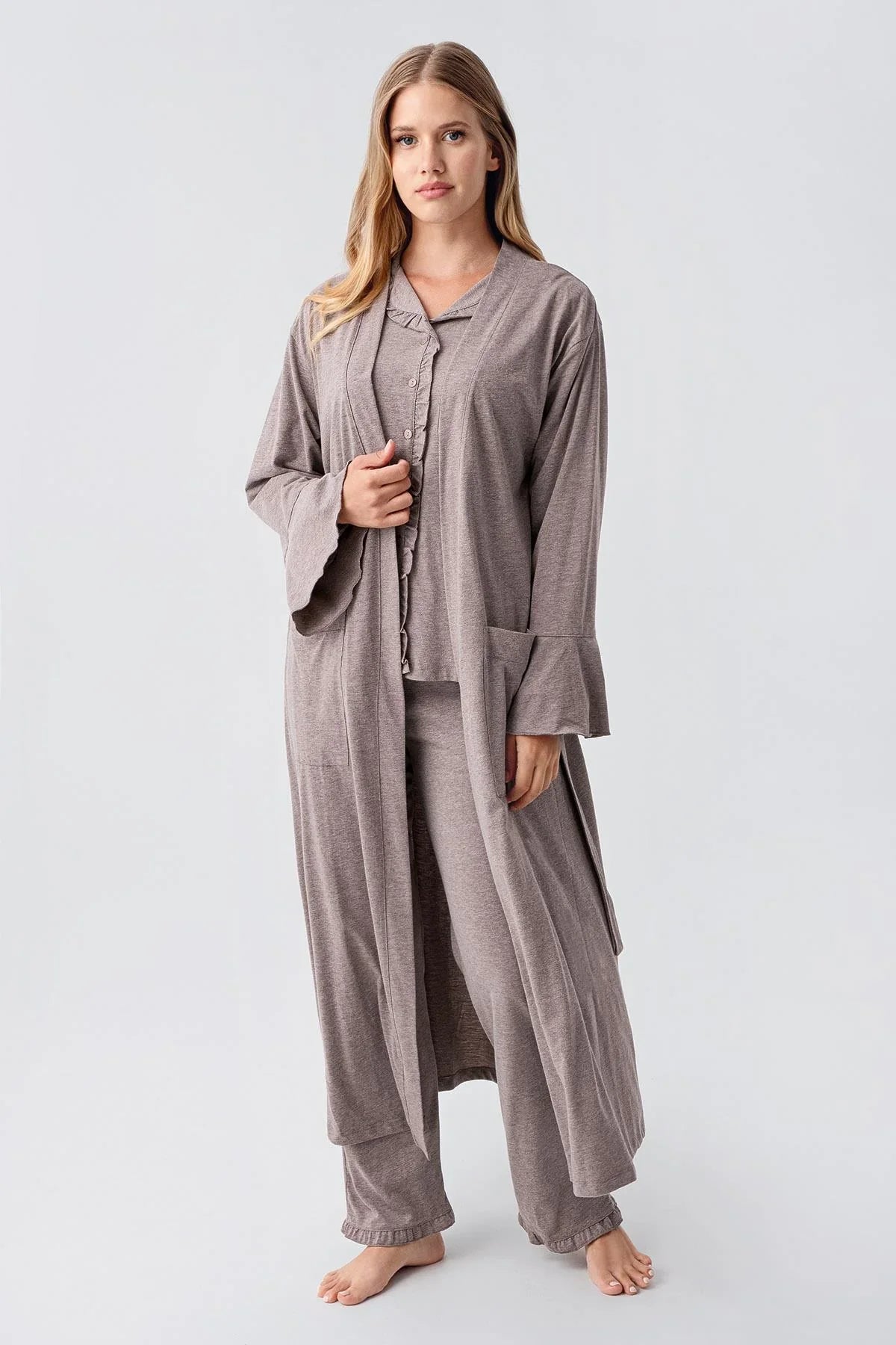 Cotton Melange 3-Piece Maternity Feeding-Friendly Pajama & Flywheel Arm Robe Set Coffee - S23112