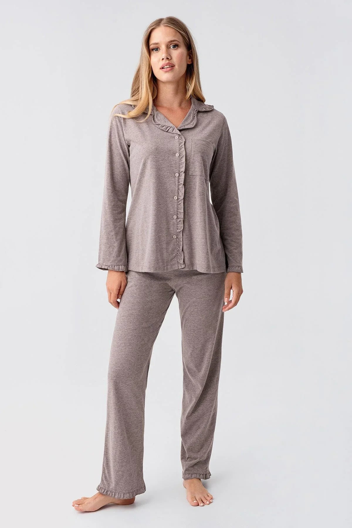 Cotton Melange 3-Piece Maternity Feeding-Friendly Pajama & Flywheel Arm Robe Set Coffee - S23112