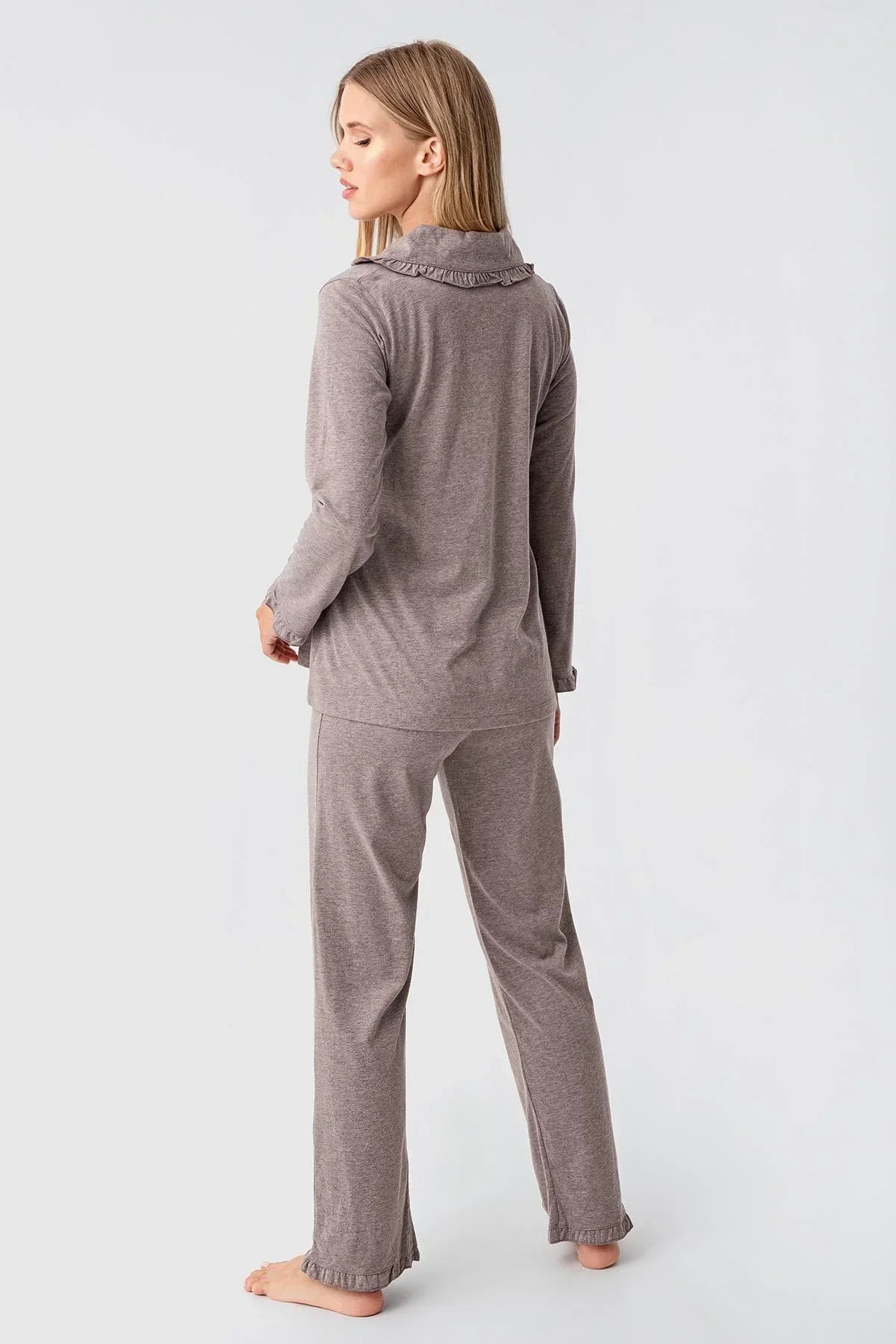 Cotton Melange 3-Piece Maternity Feeding-Friendly Pajama & Flywheel Arm Robe Set Coffee - S23112