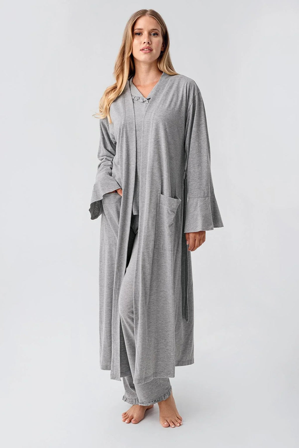 Cotton Melange 3-Piece Maternity Feeding-Friendly Pajama & Flywheel Arm Robe Set Grey - S23112