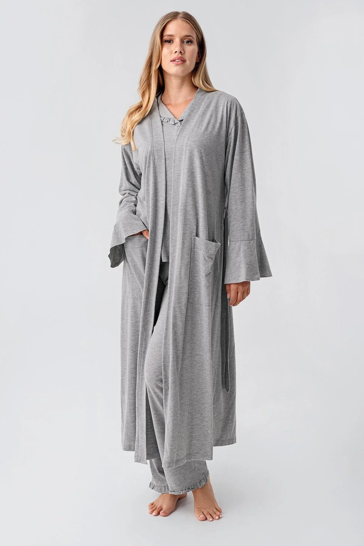 Cotton Melange 3-Piece Maternity Feeding-Friendly Pajama & Flywheel Arm Robe Set Grey - S23112