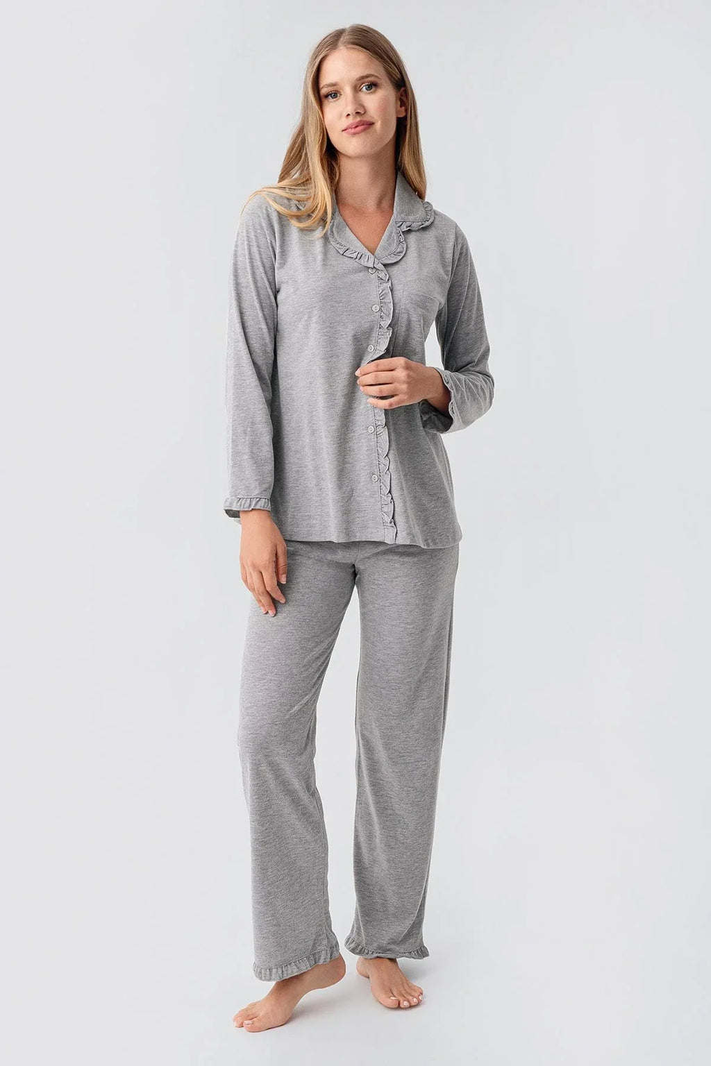 Cotton Melange 3-Piece Maternity Feeding-Friendly Pajama & Flywheel Arm Robe Set Grey - S23112