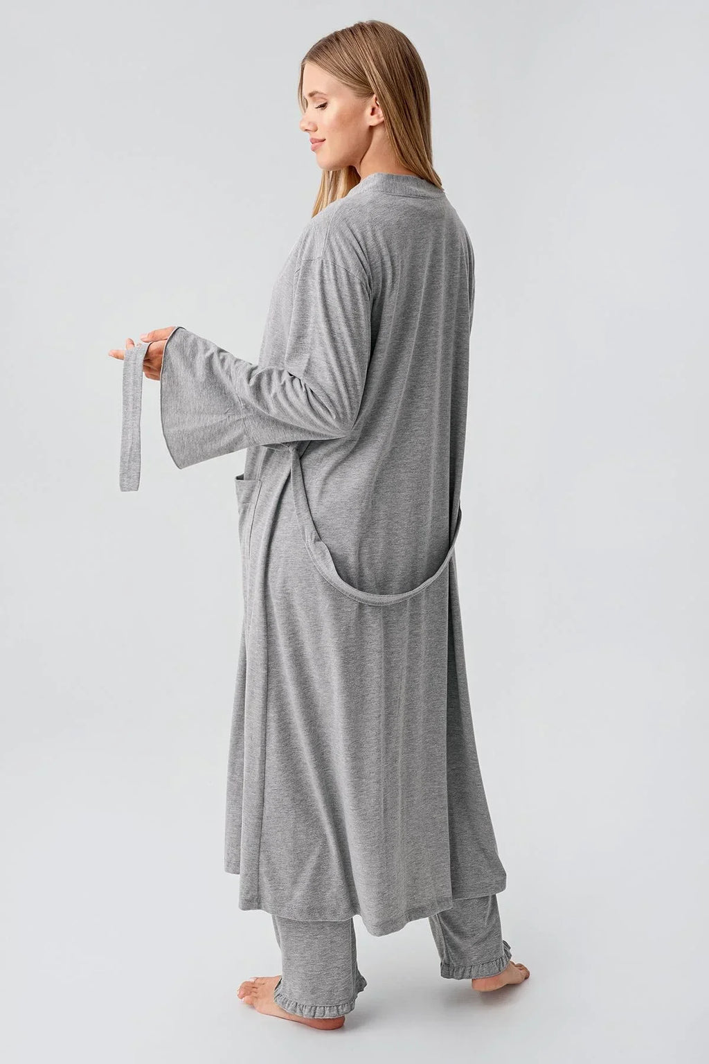 Cotton Melange 3-Piece Maternity Feeding-Friendly Pajama & Flywheel Arm Robe Set Grey - S23112