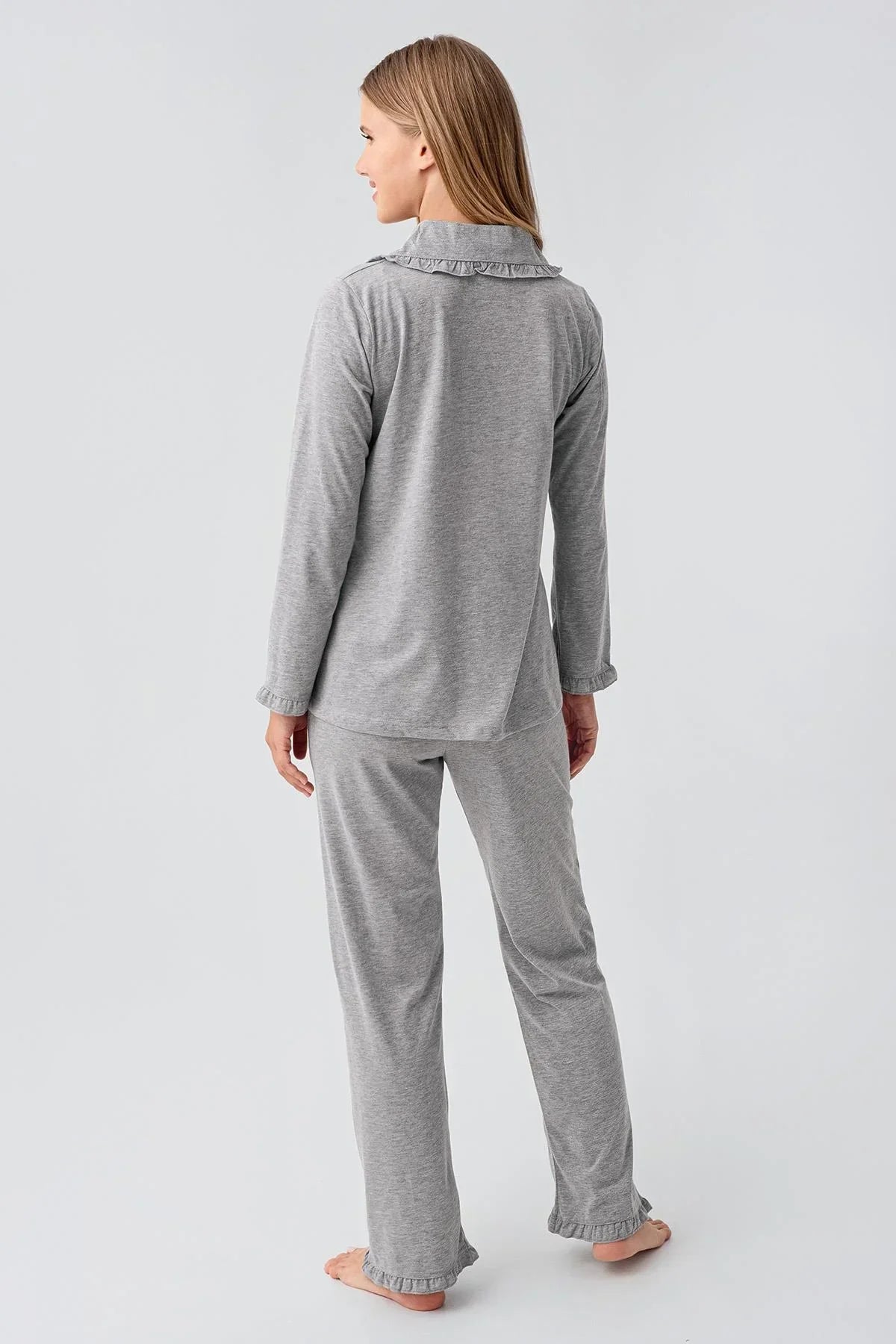 Cotton Melange 3-Piece Maternity Feeding-Friendly Pajama & Flywheel Arm Robe Set Grey - S23112