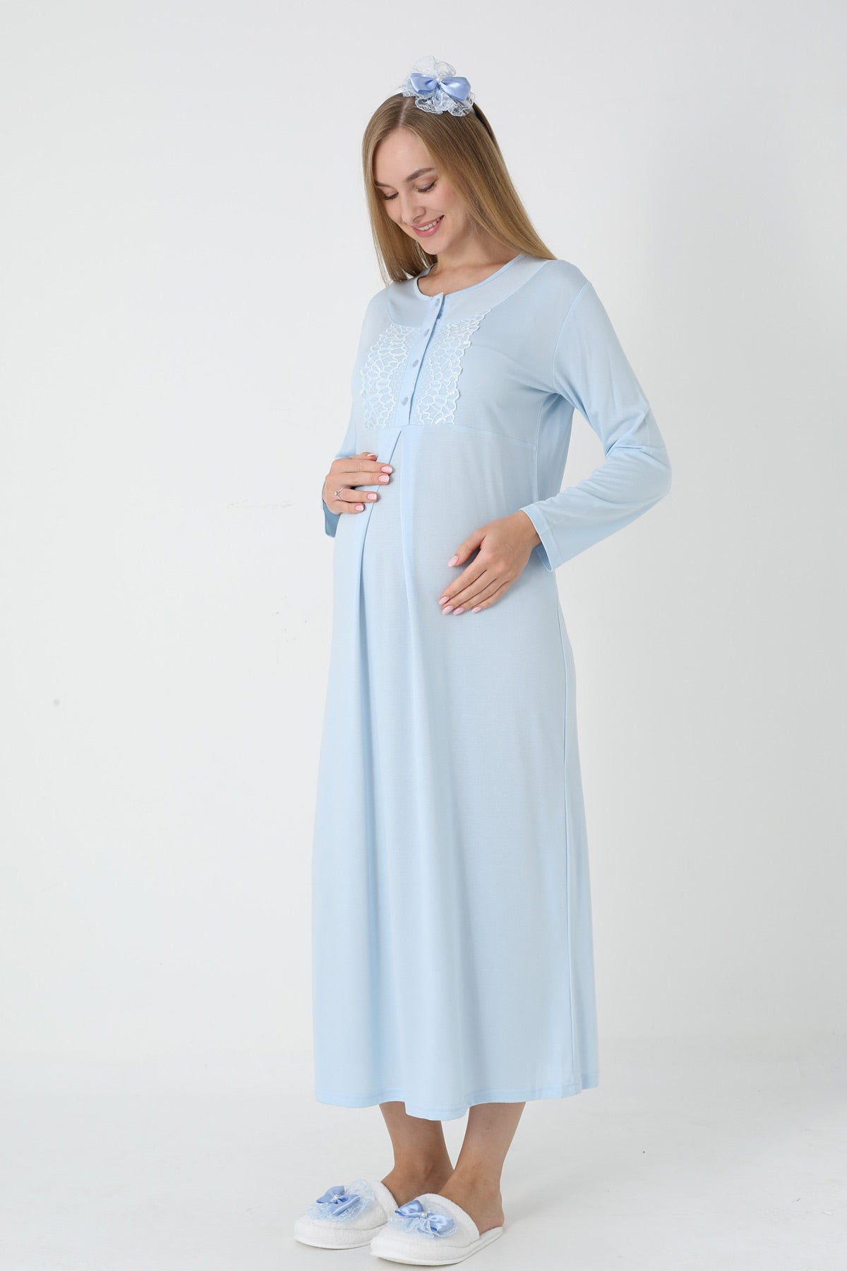 Lace Collar Maternity Feeding-Friendly Nightgown & Polka Dot Jacquard Robe Set Blue - Z2312