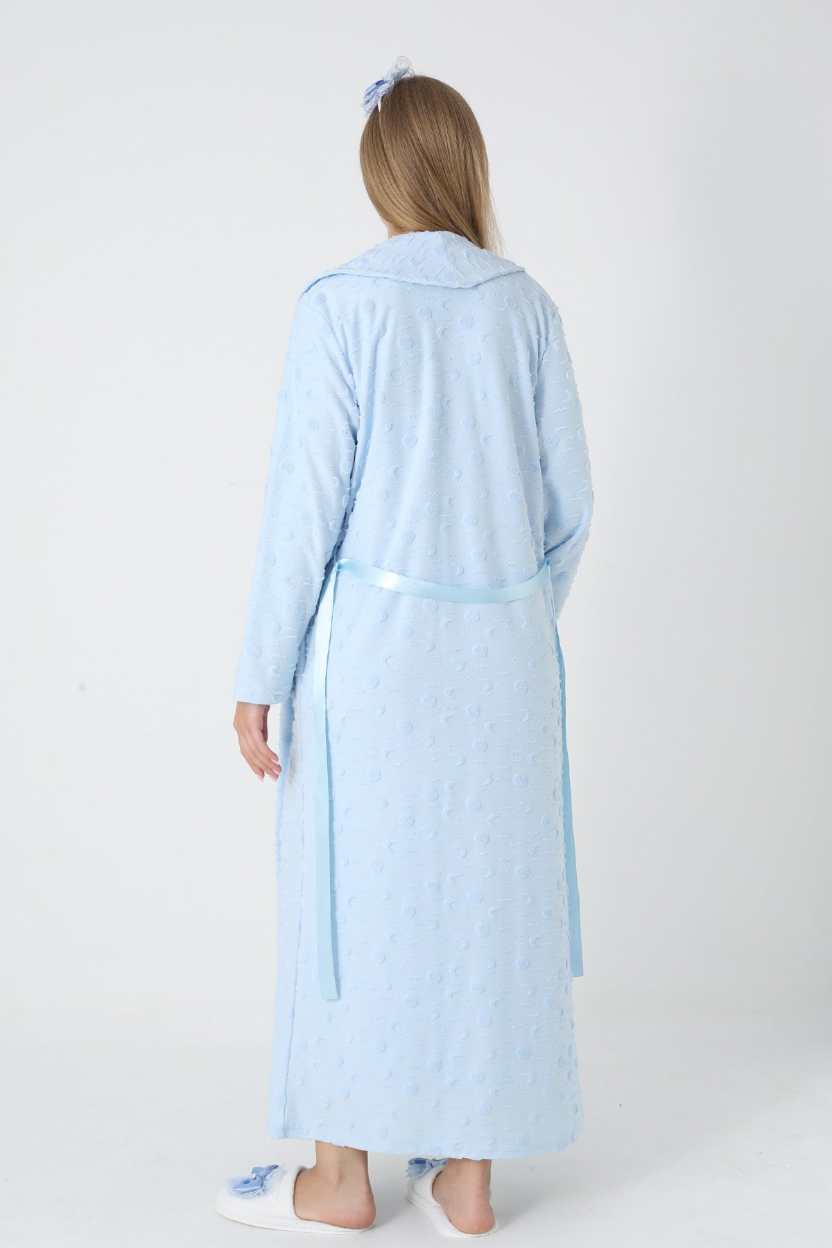 Lace Collar Maternity Feeding-Friendly Nightgown & Polka Dot Jacquard Robe Set Blue - Z2312