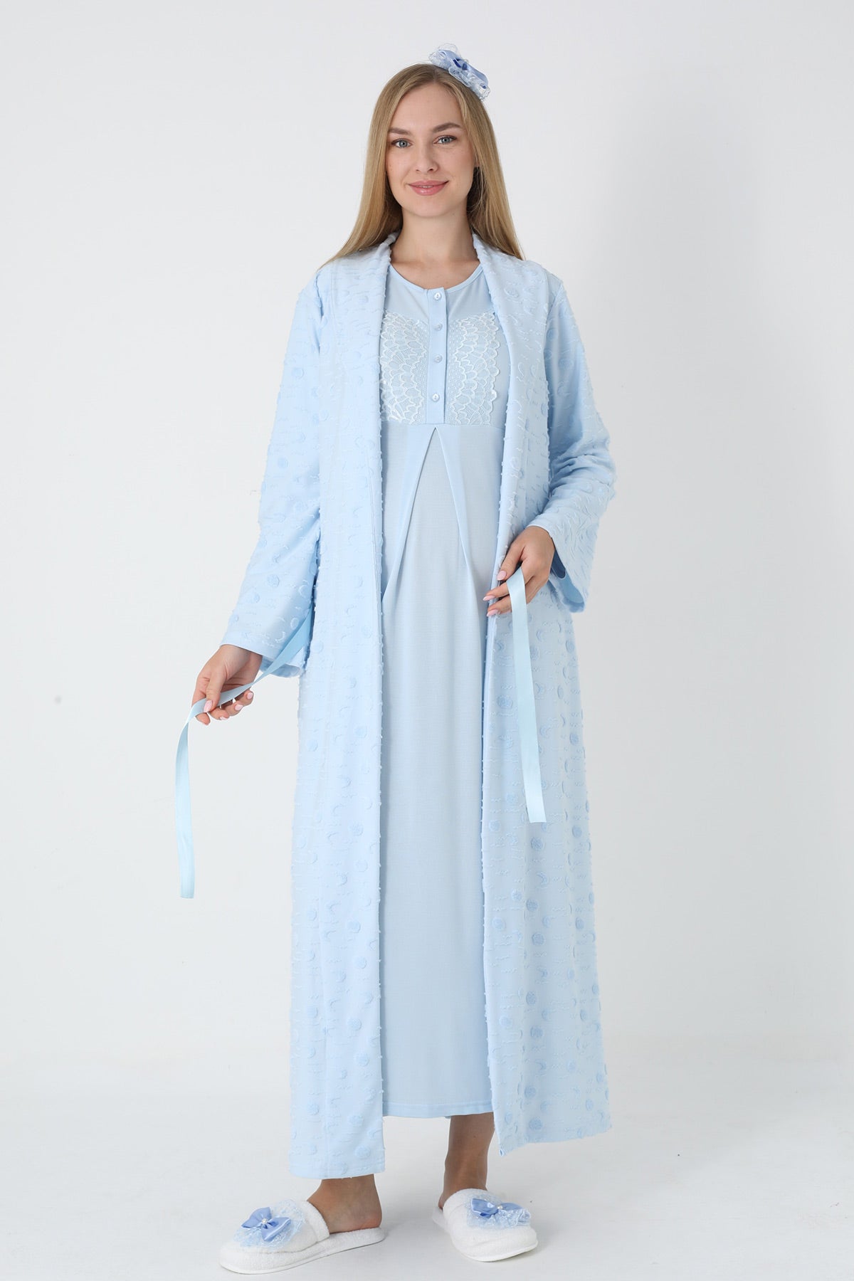 Lace Collar Maternity Feeding-Friendly Nightgown & Polka Dot Jacquard Robe Set Blue - Z2312