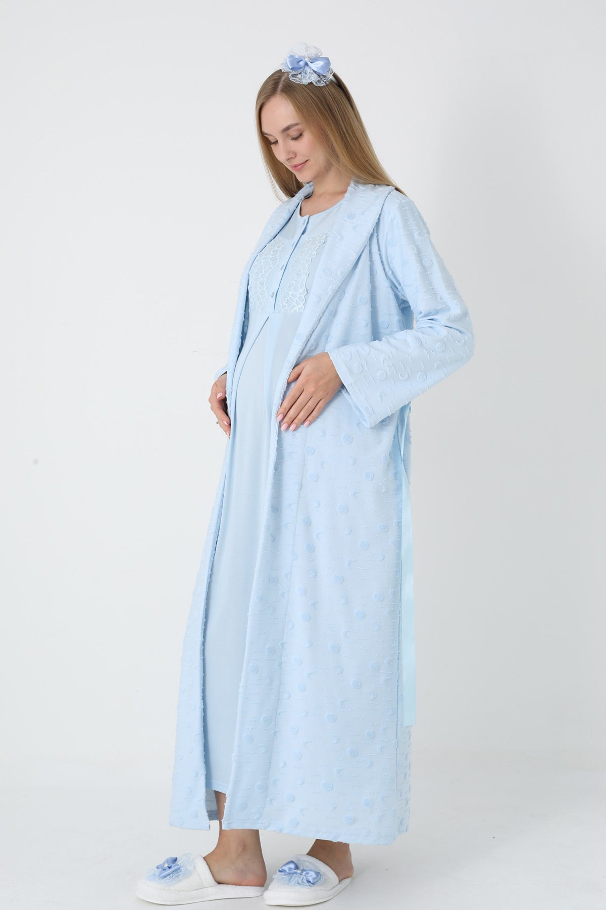 Lace Collar Maternity Feeding-Friendly Nightgown & Polka Dot Jacquard Robe Set Blue - Z2312