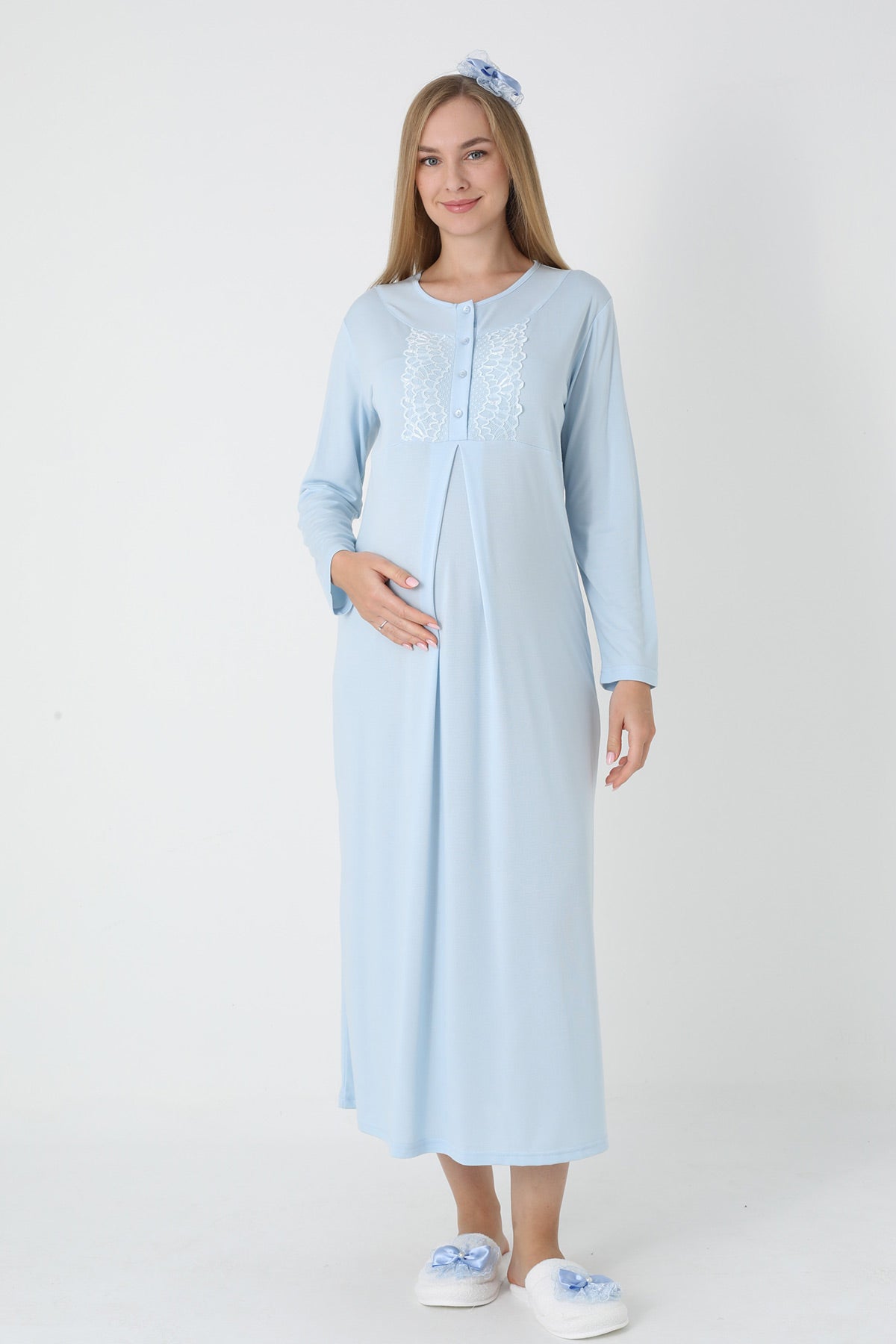 Lace Collar Maternity Feeding-Friendly Nightgown & Polka Dot Jacquard Robe Set Blue - Z2312