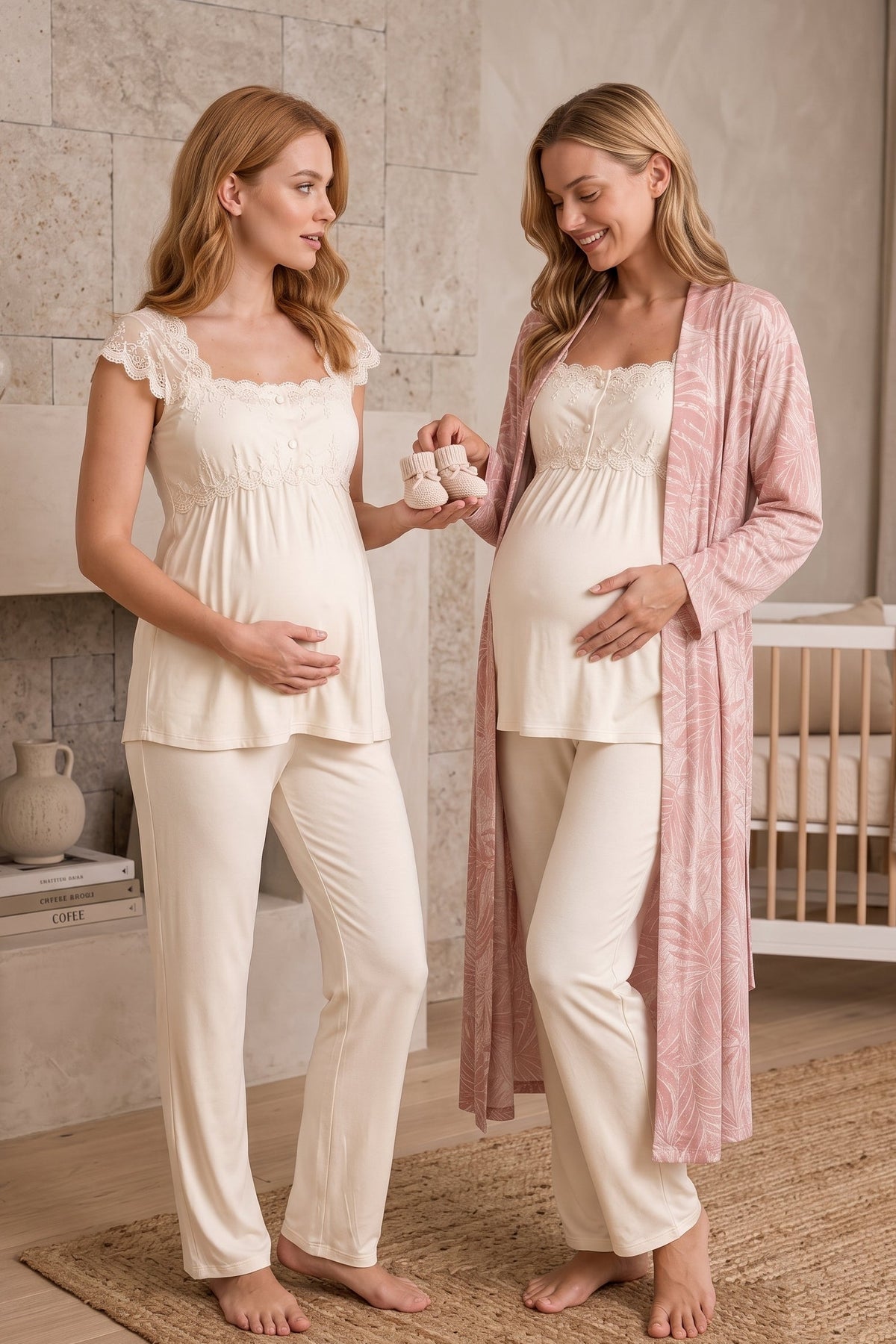 Lace Shoulder 3-Piece Maternity Feeding-Friendly Pajama & Patterned Robe Set Powder/Ecru - T2314