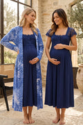 Lace Shoulder Maternity Feeding-Friendly Nightgown & Patterned Robe Set Navy Blue - T2315