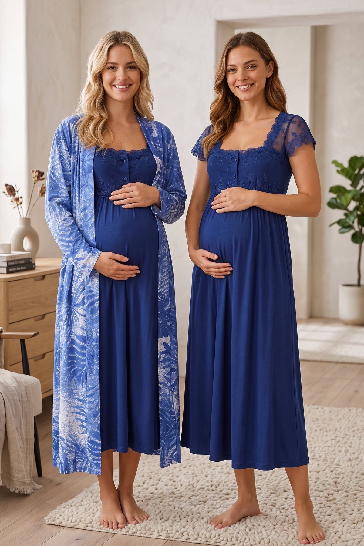 Lace Shoulder Maternity Feeding-Friendly Nightgown & Patterned Robe Set Navy Blue - T2315