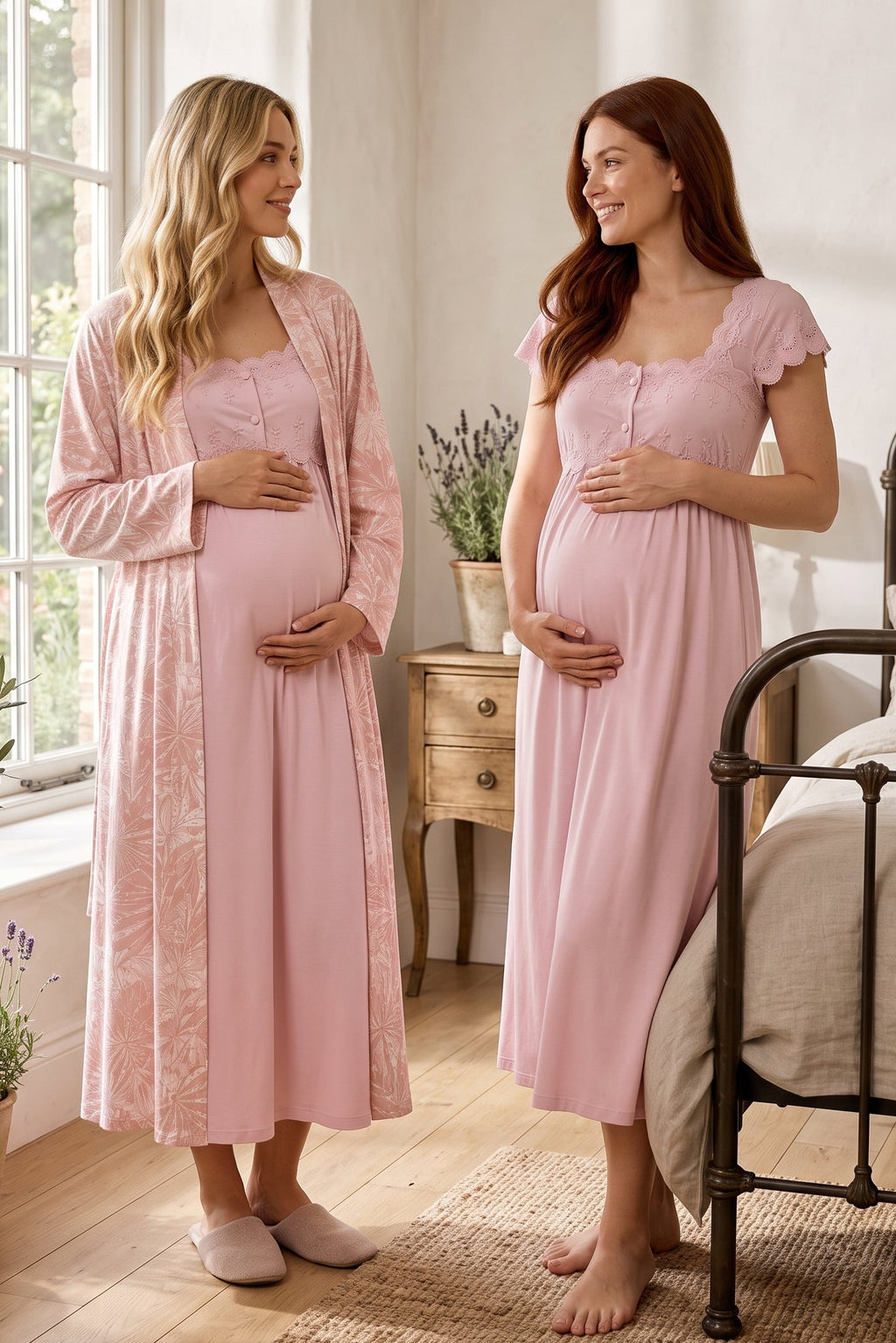 Lace Shoulder Maternity Feeding-Friendly Nightgown & Patterned Robe Set Powder - T2315