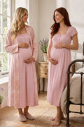 Lace Shoulder Maternity Feeding-Friendly Nightgown & Patterned Robe Set Powder - T2315