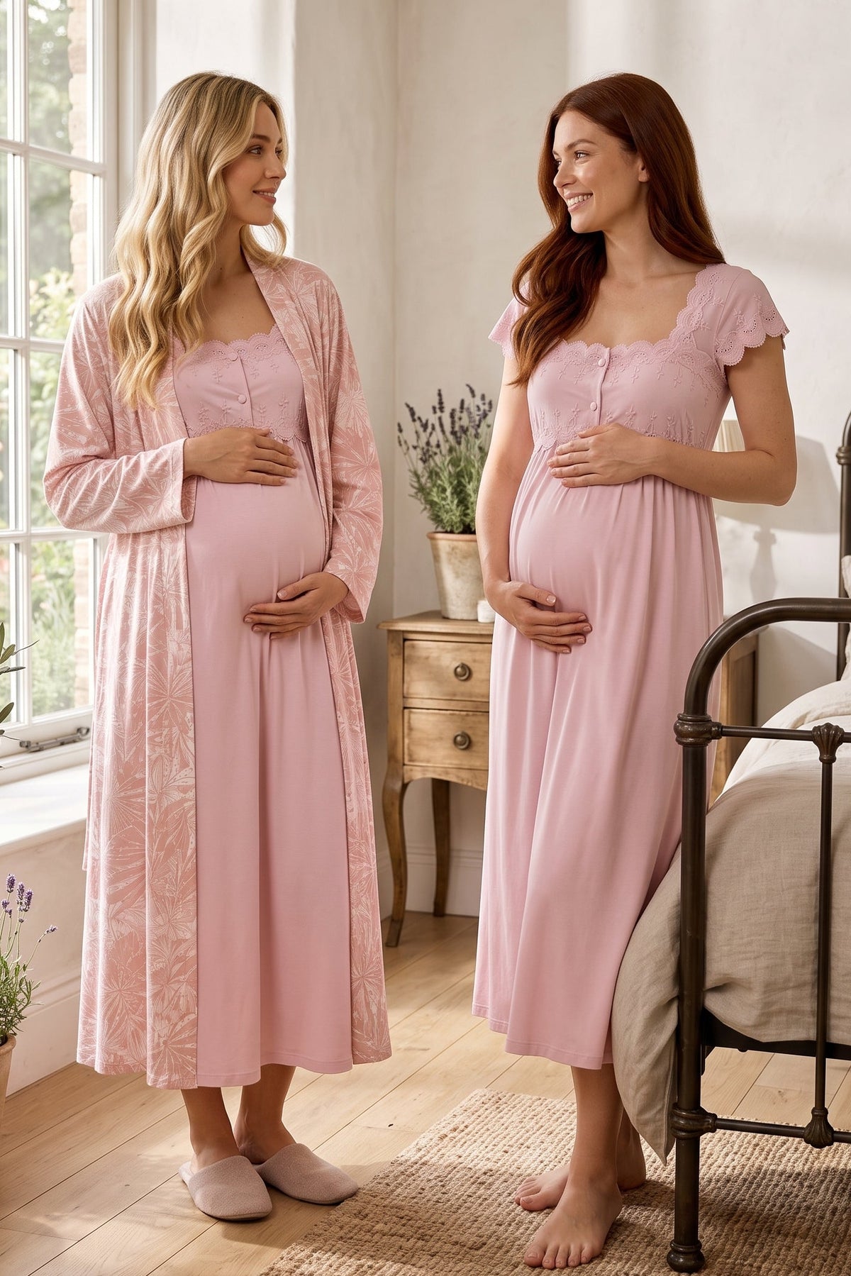 Lace Shoulder Maternity Feeding-Friendly Nightgown & Patterned Robe Set Powder - T2315