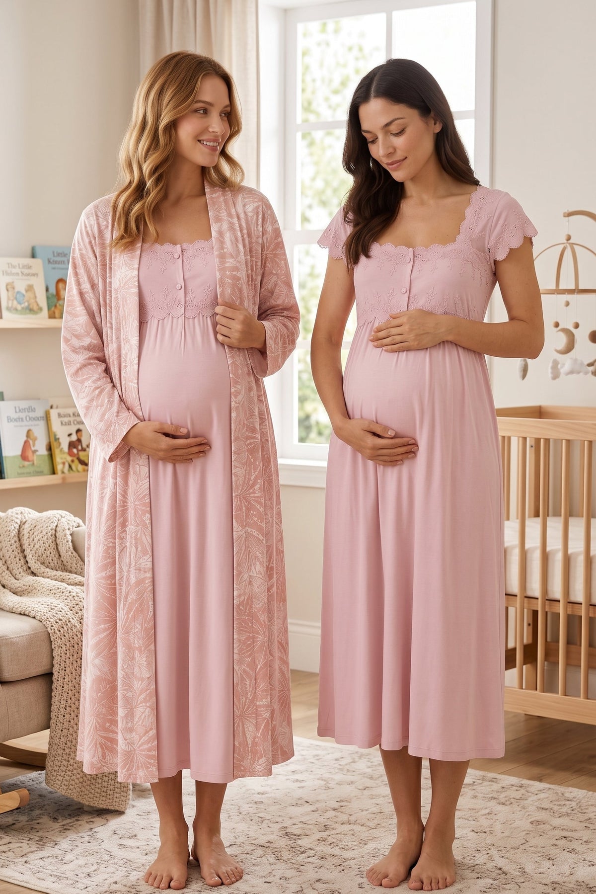 Lace Shoulder Maternity Feeding-Friendly Nightgown & Patterned Robe Set Powder - T2315