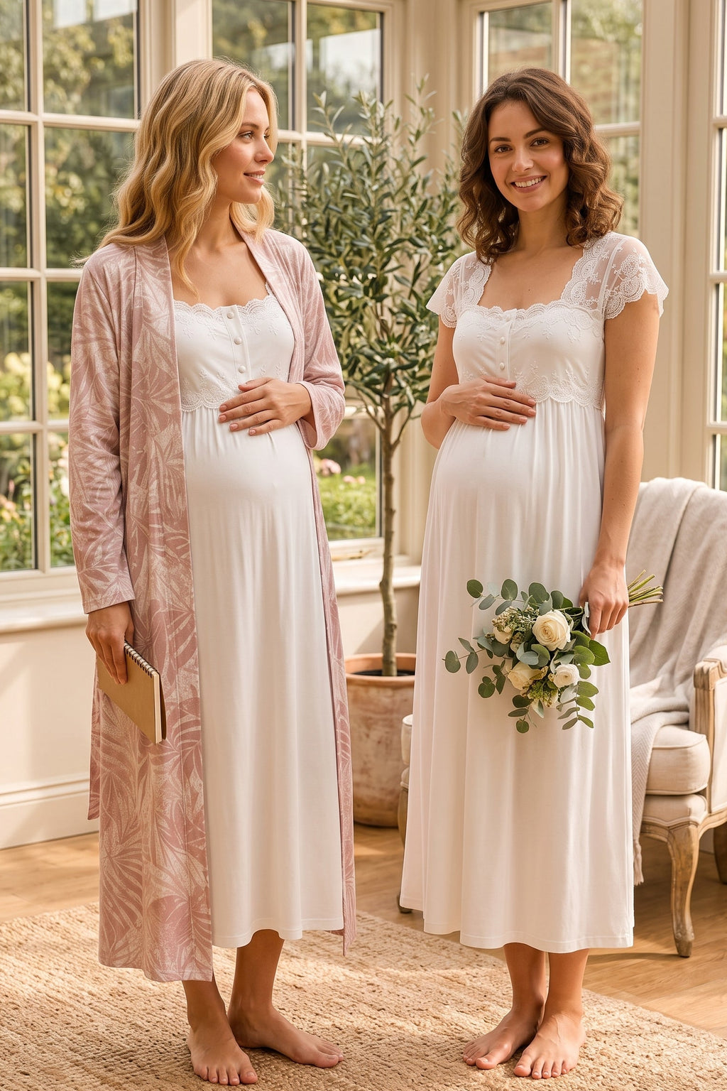 Lace Shoulder Maternity Feeding-Friendly Nightgown & Patterned Robe Set Powder/Ecru - T2315