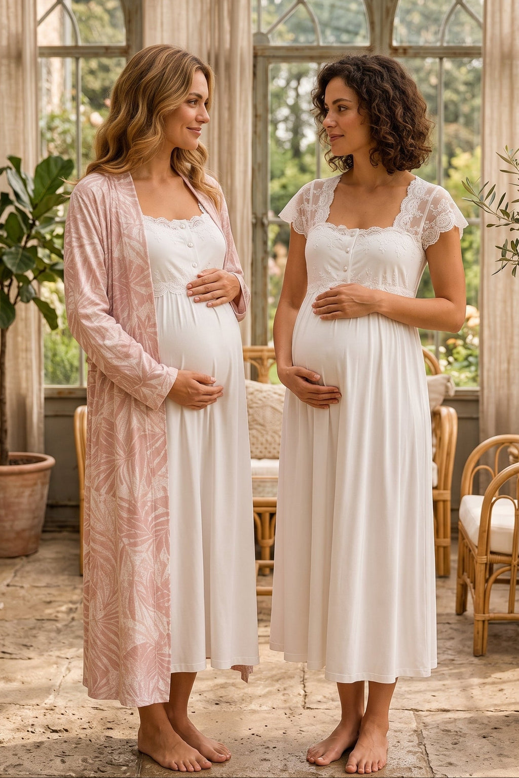 Lace Shoulder Maternity Feeding-Friendly Nightgown & Patterned Robe Set Powder/Ecru - T2315