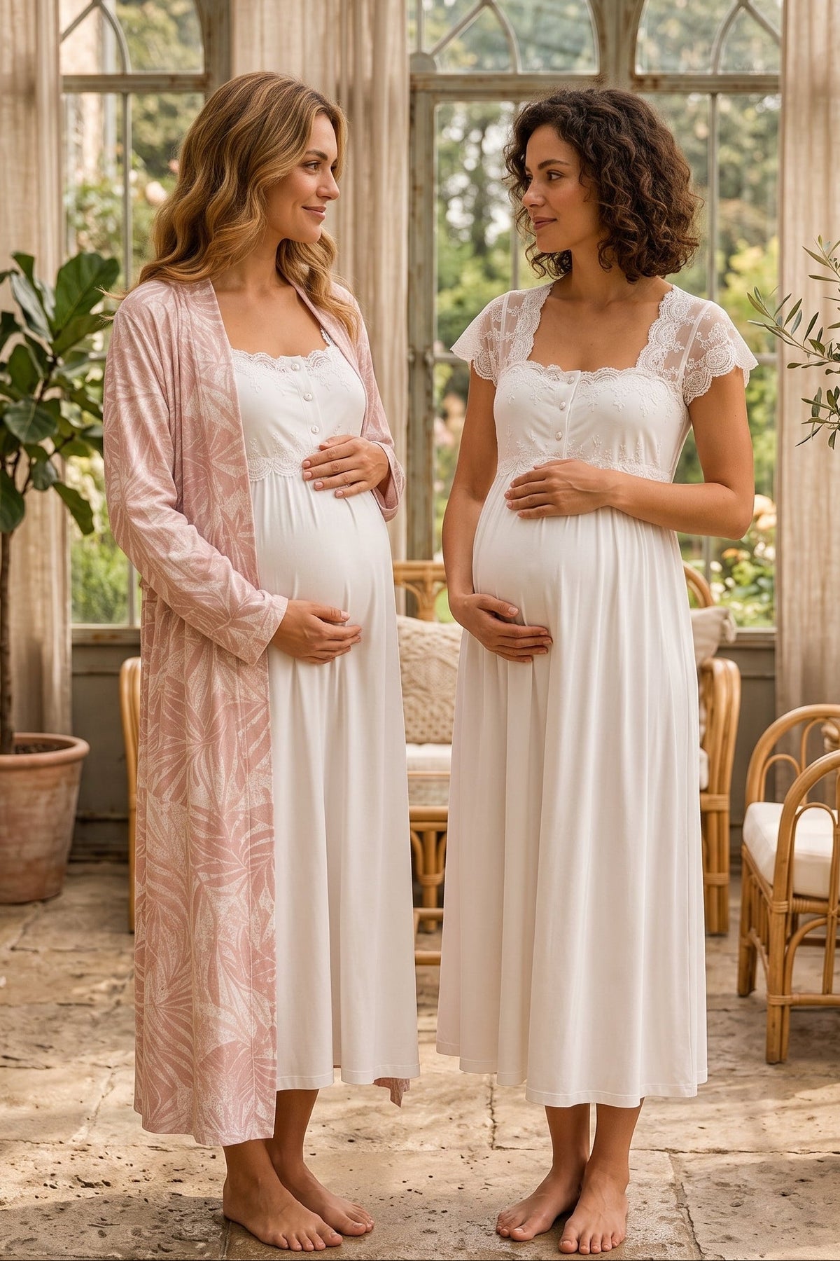 Lace Shoulder Maternity Feeding-Friendly Nightgown & Patterned Robe Set Powder/Ecru - T2315