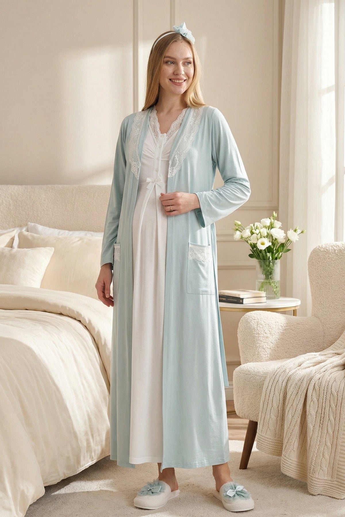Lace Collar Maternity Feeding-Friendly Nightgown & Robe Set Mint - Z2316