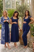 Patterned Lace Shoulder 4-Piece Maternity Feeding-Friendly Set Navy Blue - T2316