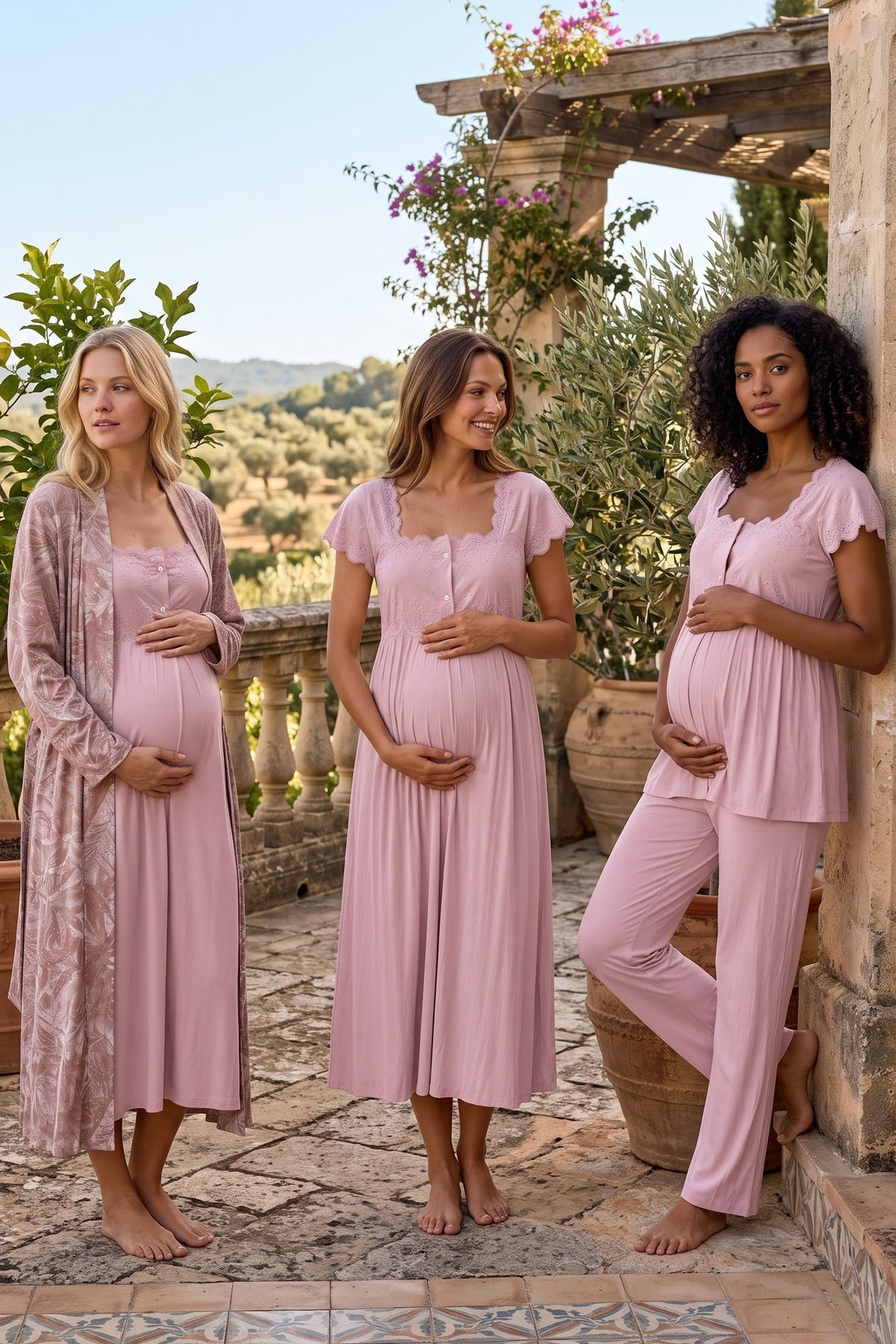 Patterned Lace Shoulder 4-Piece Maternity Feeding-Friendly Set Powder - T2316
