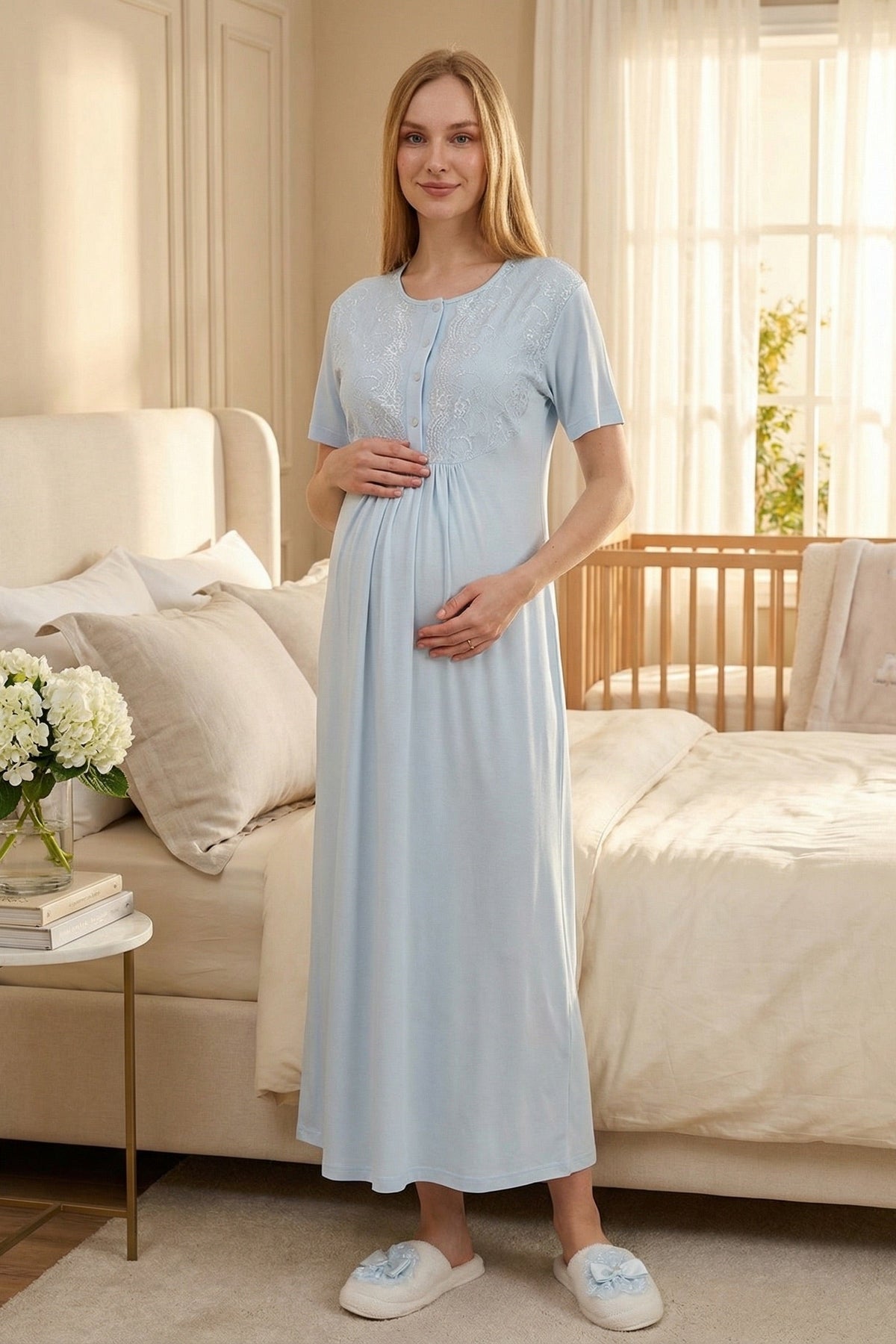 Lacy Maternity Feeding-Friendly Nightgown & Textured Robe Set Blue - Z2318