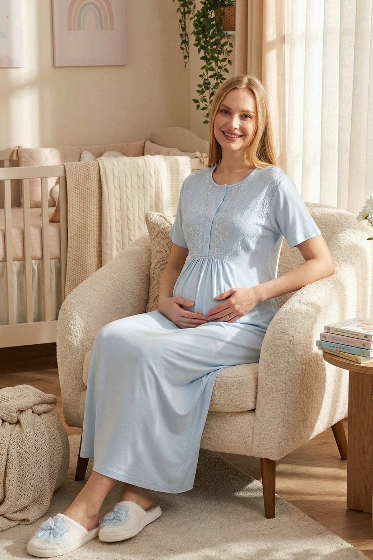 Lacy Maternity Feeding-Friendly Nightgown & Textured Robe Set Blue - Z2318
