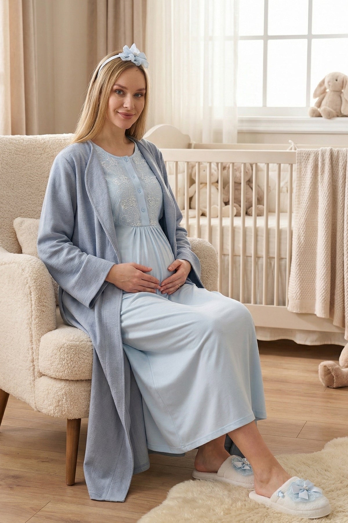Lacy Maternity Feeding-Friendly Nightgown & Textured Robe Set Blue - Z2318