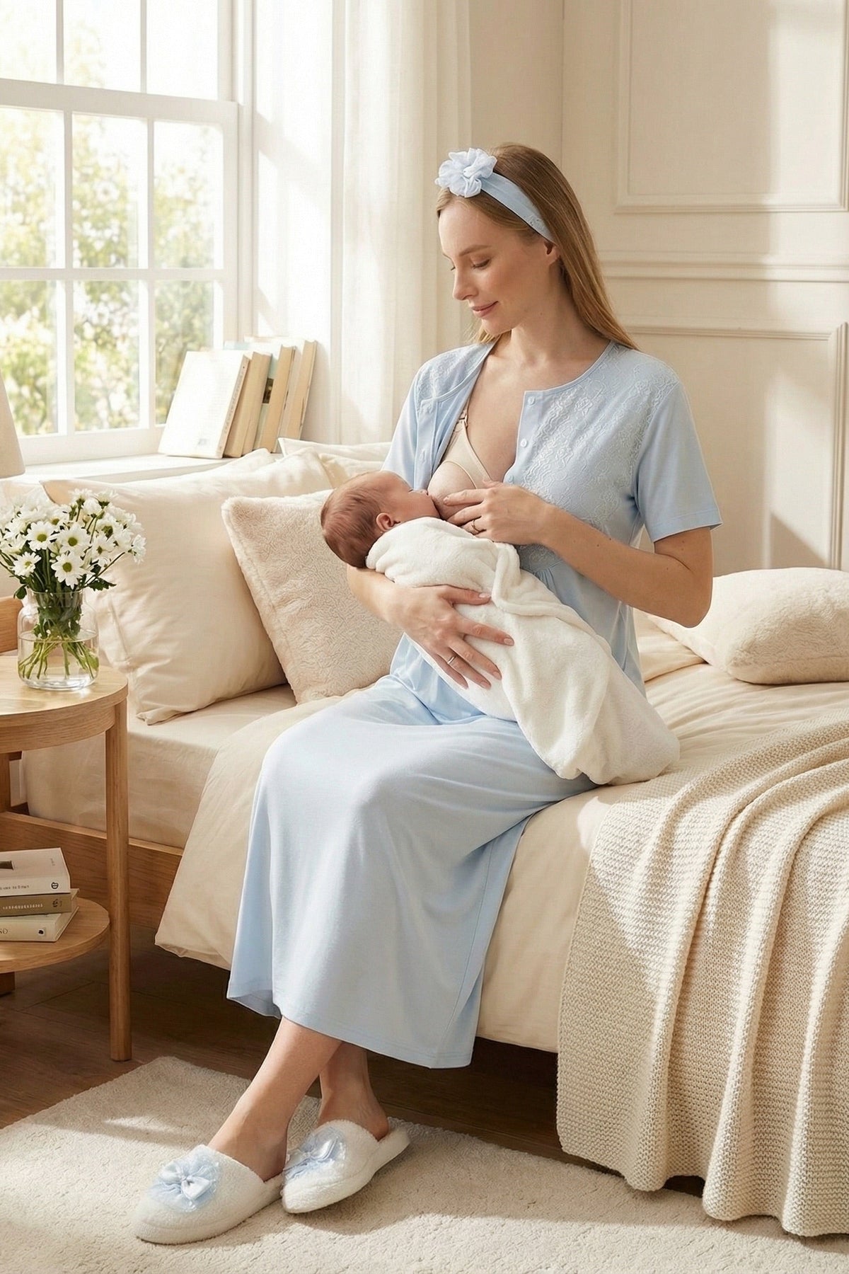 Lacy Maternity Feeding-Friendly Nightgown & Textured Robe Set Blue - Z2318