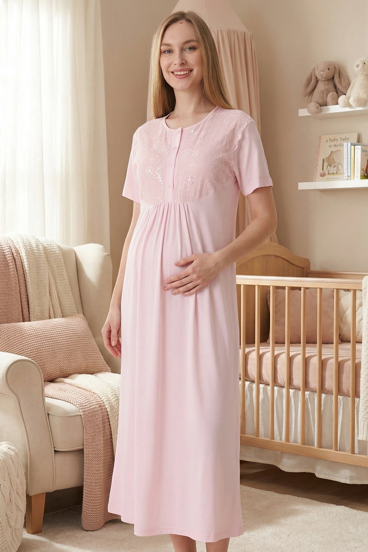 Lacy Maternity Feeding-Friendly Nightgown & Textured Robe Set Salmon - Z2318