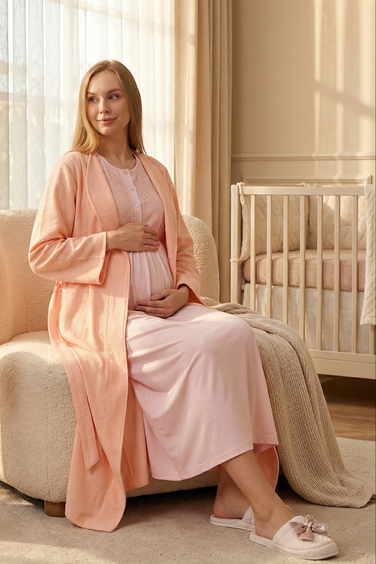 Lacy Maternity Feeding-Friendly Nightgown & Textured Robe Set Salmon - Z2318
