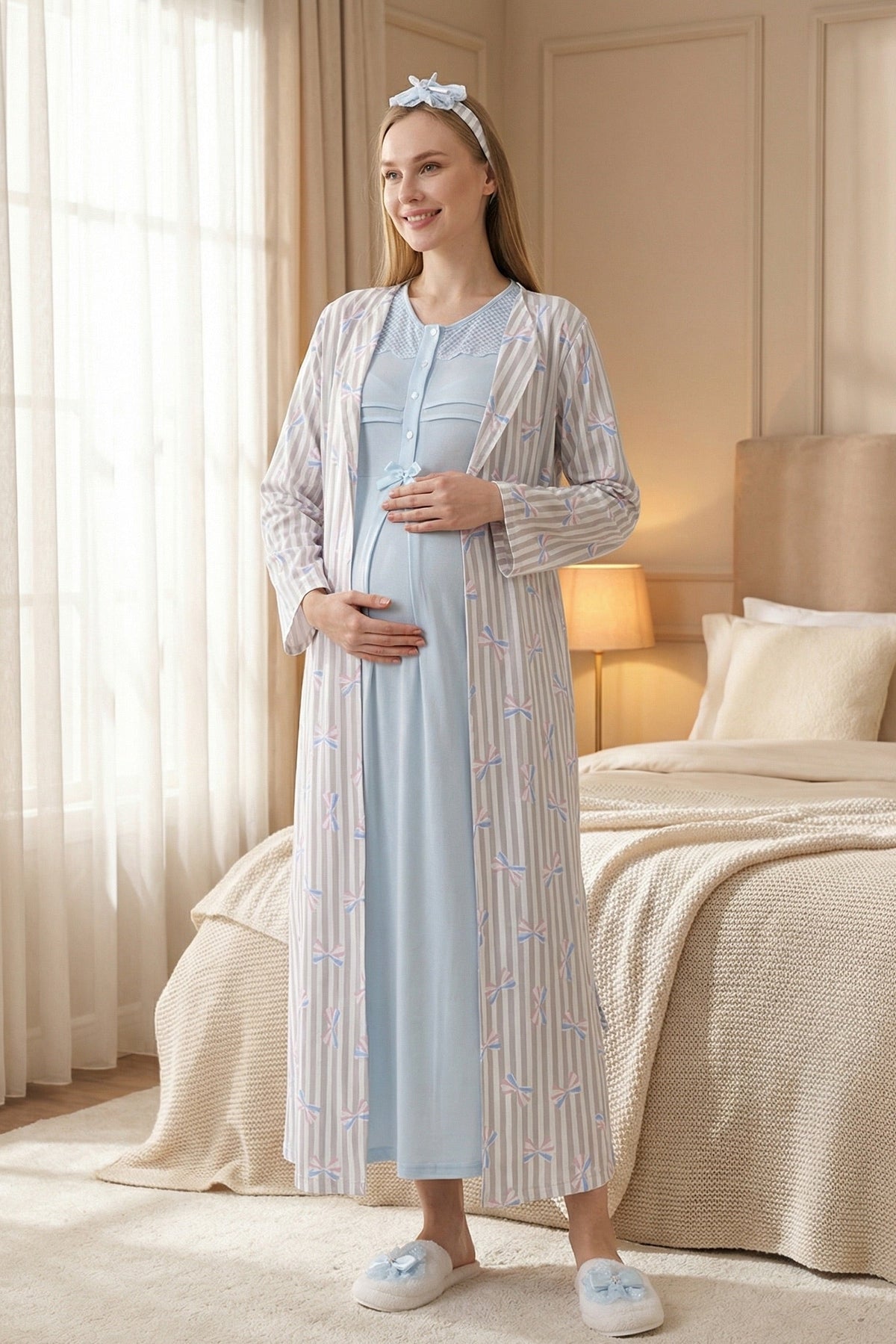 Lace Collar Maternity Feeding-Friendly Nightgown & Patterned Robe Set Blue - Z2319
