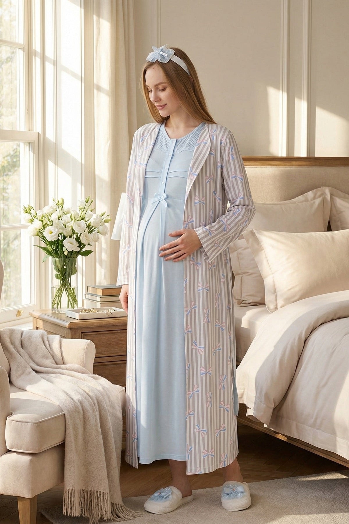 Lace Collar Maternity Feeding-Friendly Nightgown & Patterned Robe Set Blue - Z2319