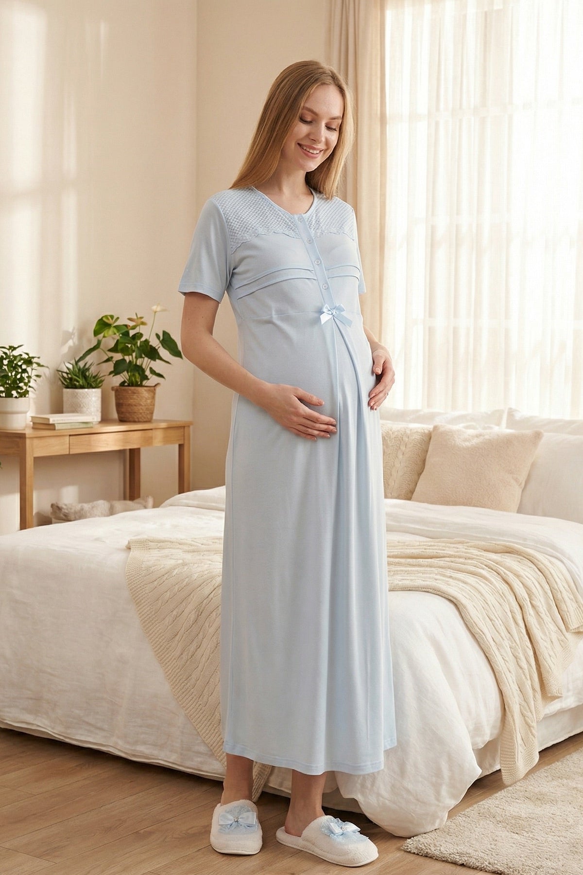 Lace Collar Maternity Feeding-Friendly Nightgown & Patterned Robe Set Blue - Z2319