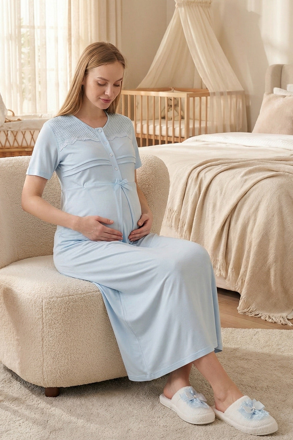 Lace Collar Maternity Feeding-Friendly Nightgown & Patterned Robe Set Blue - Z2319