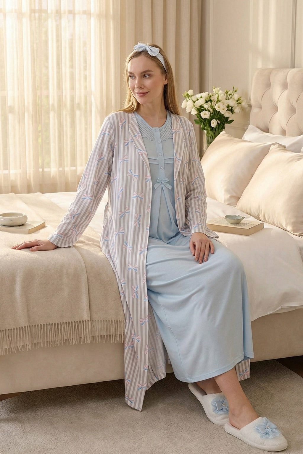 Lace Collar Maternity Feeding-Friendly Nightgown & Patterned Robe Set Blue - Z2319