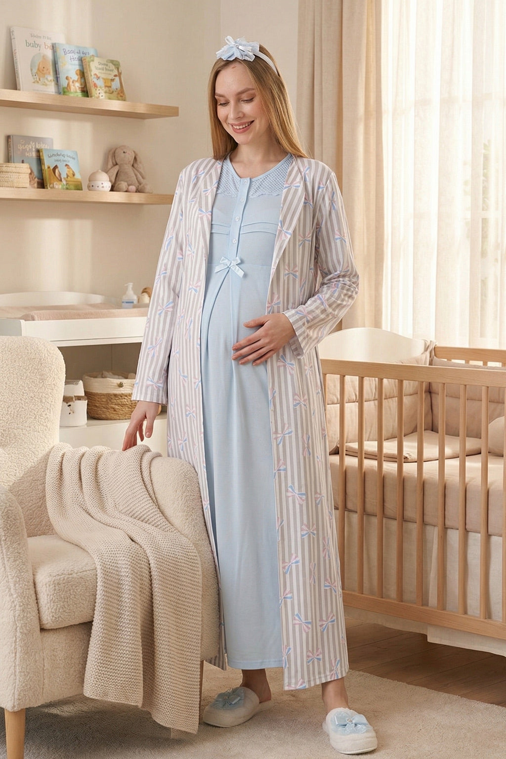 Lace Collar Maternity Feeding-Friendly Nightgown & Patterned Robe Set Blue - Z2319