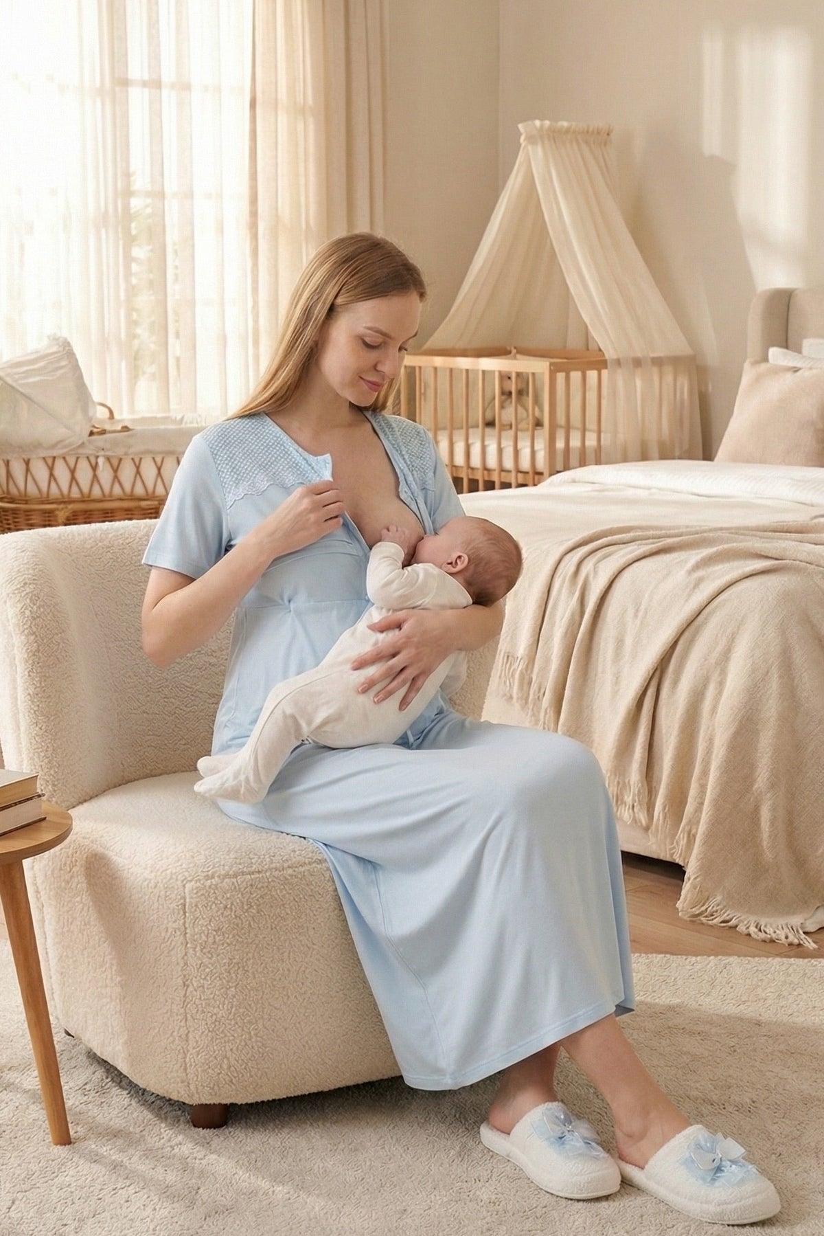 Lace Collar Maternity Feeding-Friendly Nightgown & Patterned Robe Set Blue - Z2319