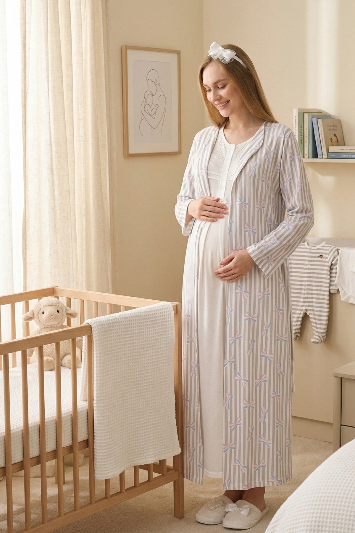 Lace Collar Maternity Feeding-Friendly Nightgown & Patterned Robe Set Ecru - Z2319